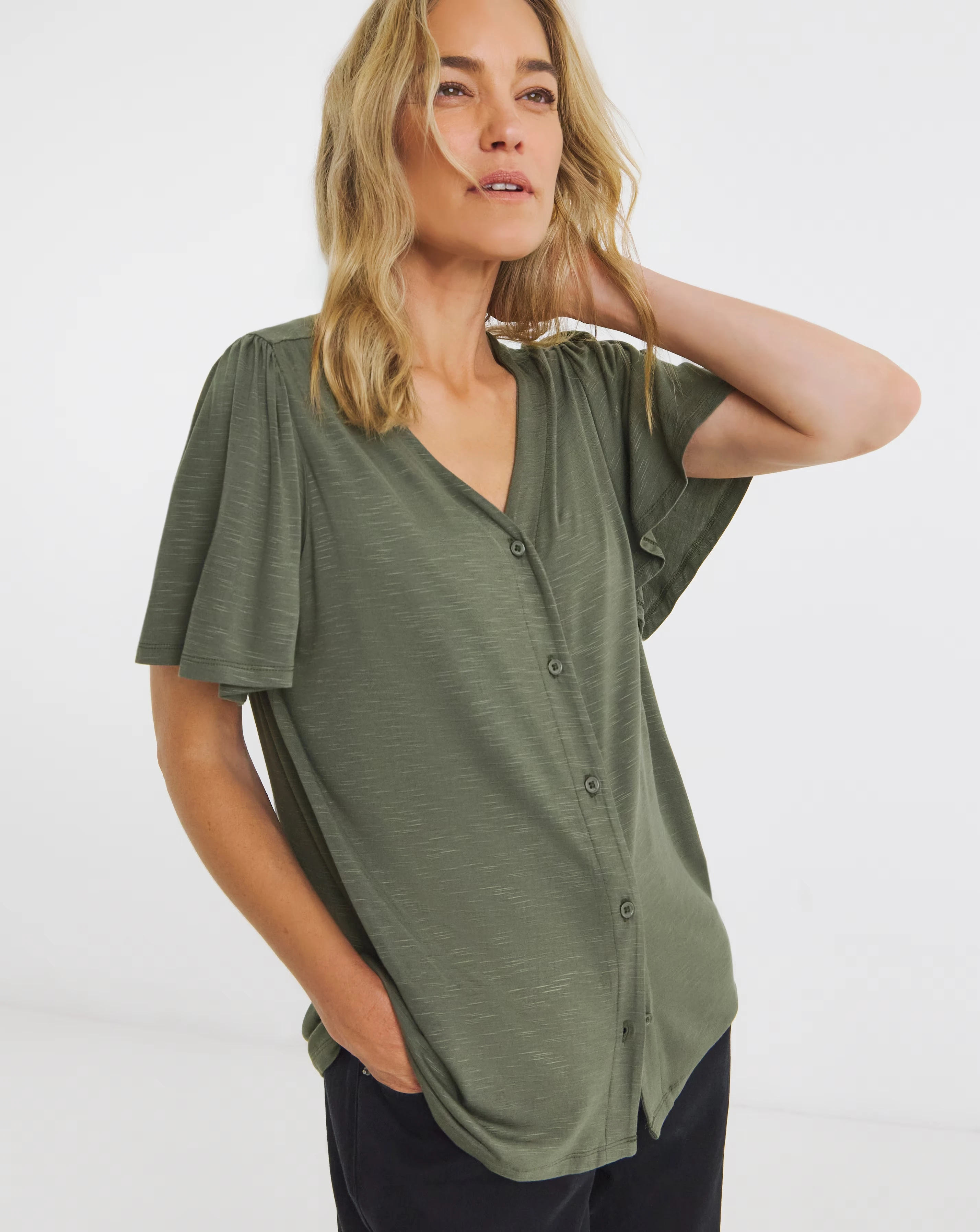 Button Front Angel Sleeve Top 2 Button Front Angel Sleeve Top