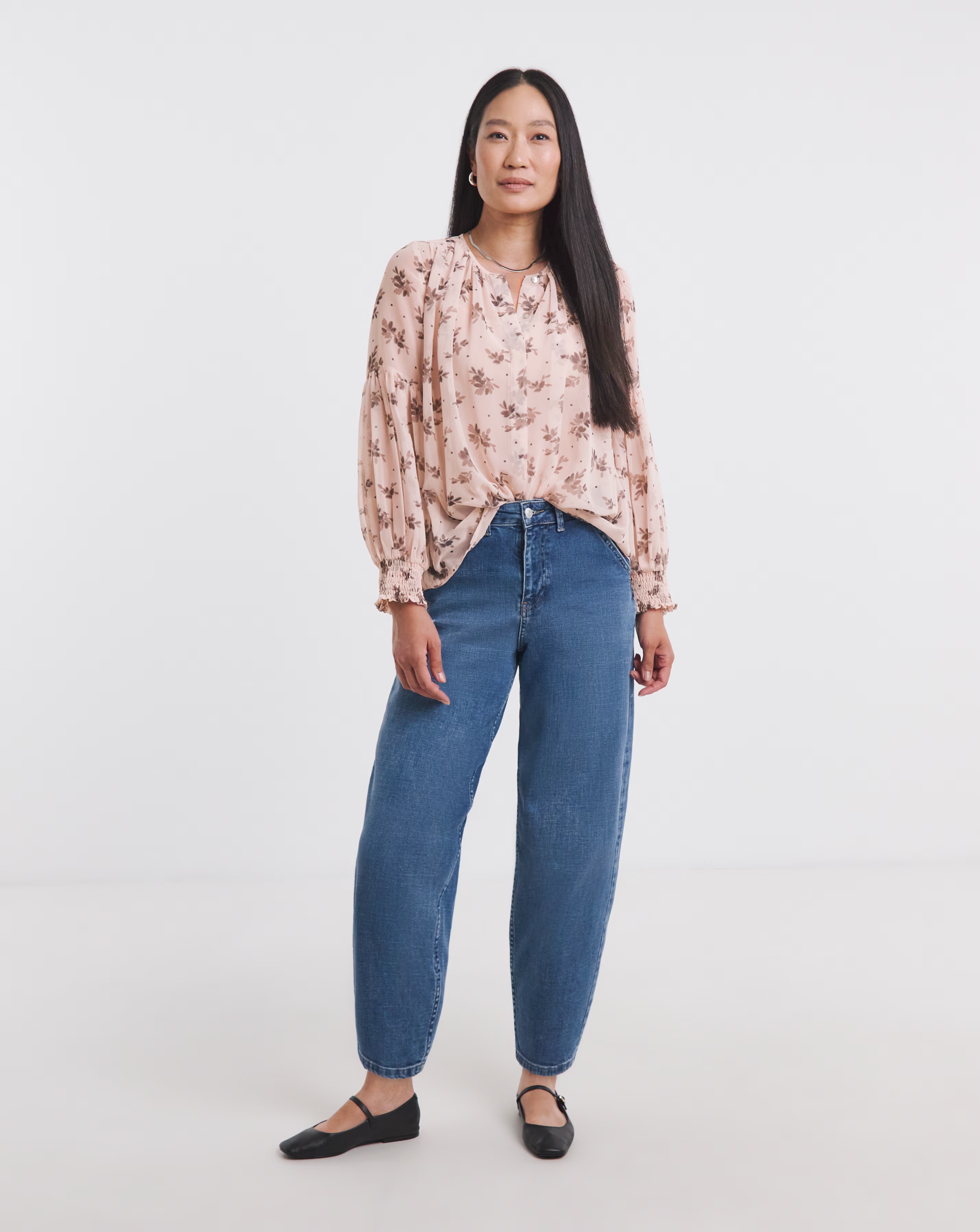 Georgette Collarless Blouson Sleeve Blouse 2 Georgette Collarless Blouson Sleeve Blouse