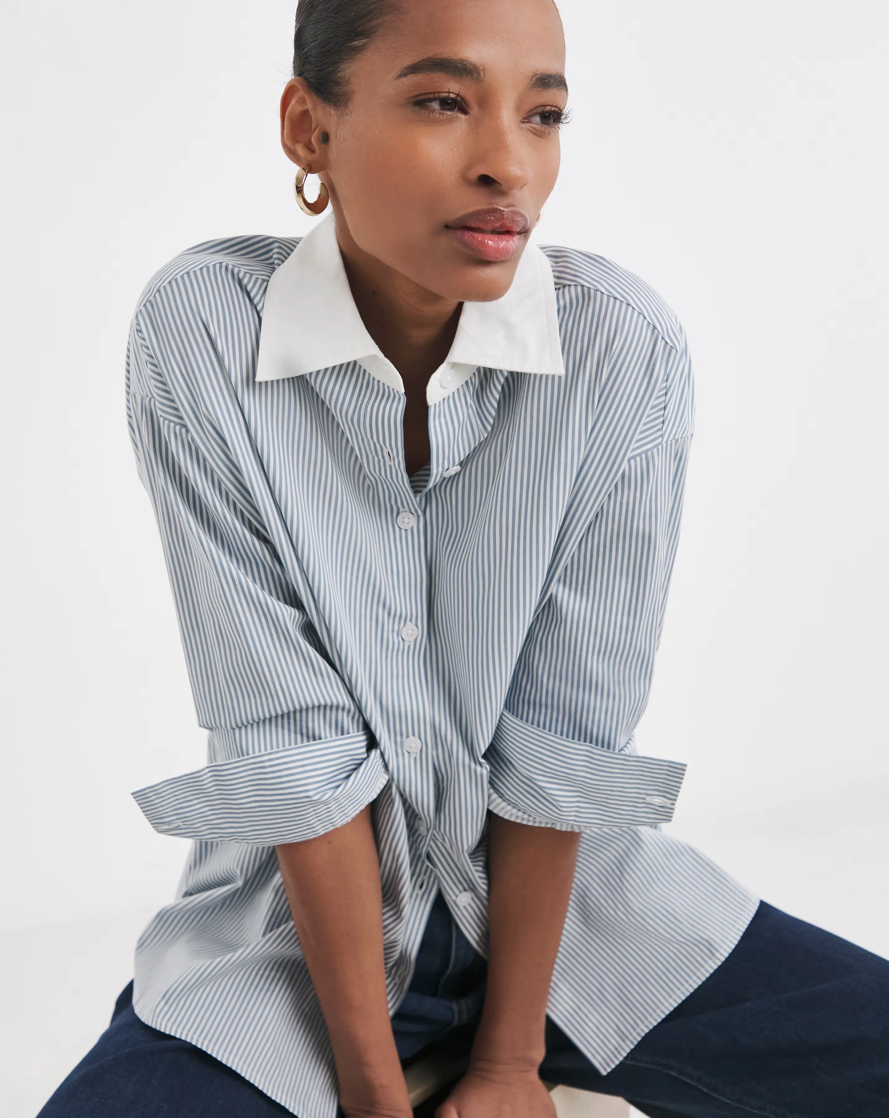 Womens Cotton Poplin Contrast Collar Oversized Shirt - Blue Stripe 5 Womens Cotton Poplin Contrast Collar Oversized Shirt - Blue Stripe