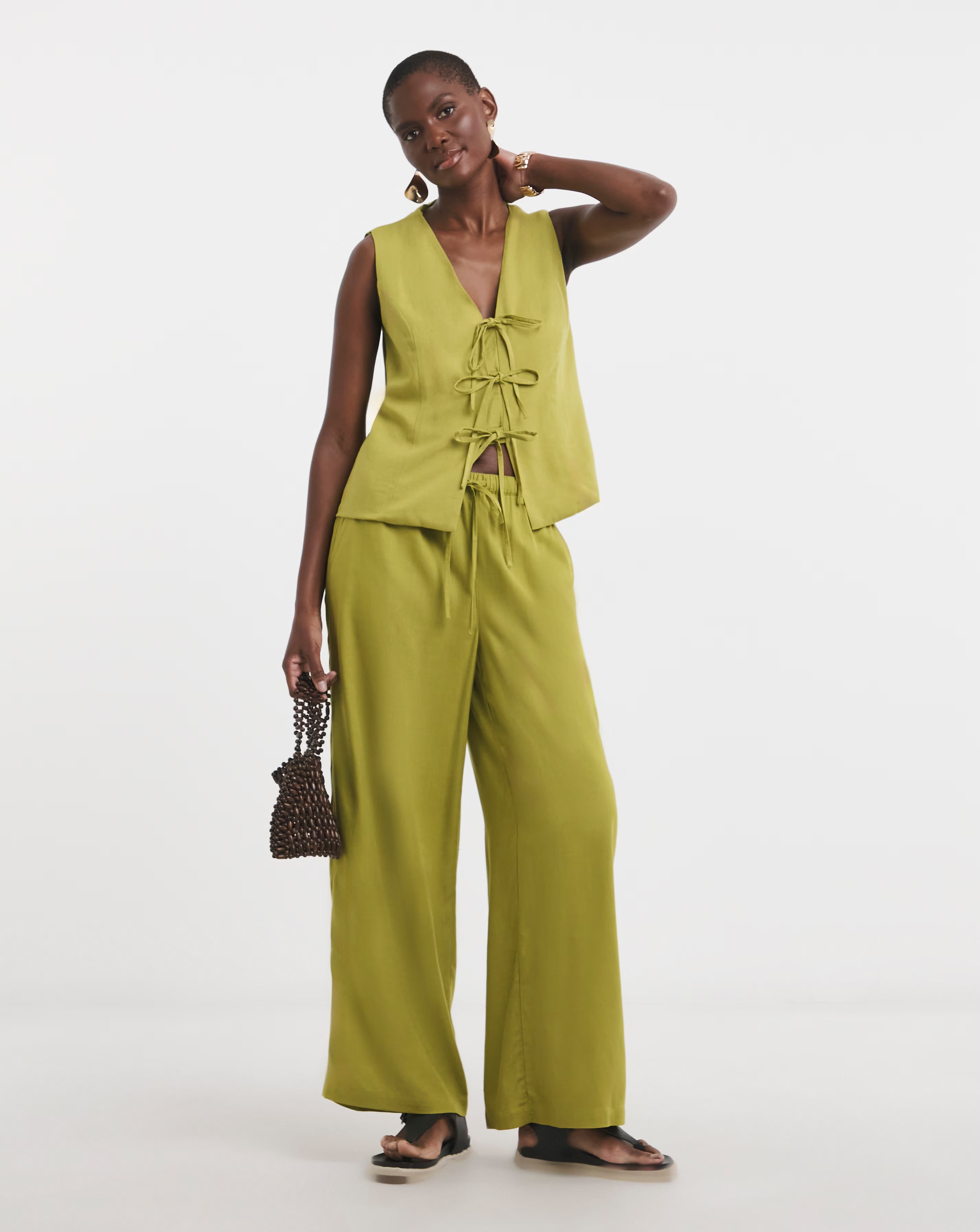 Green Tie Front Linen Mix Waistcoat 3 Green Tie Front Linen Mix Waistcoat