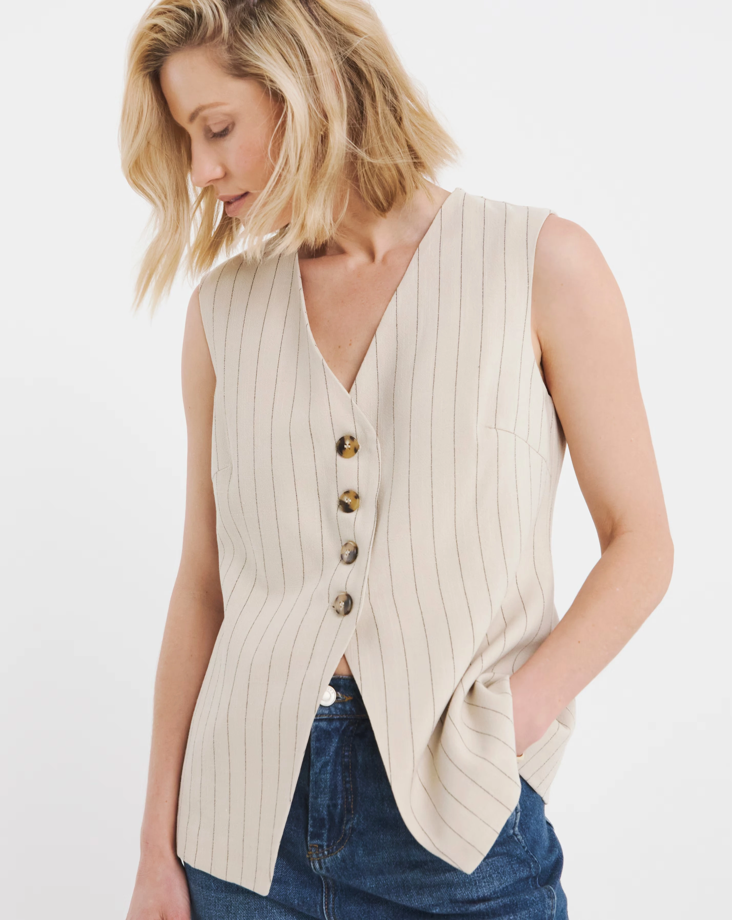 Stripe Linen Mix Longline Waistcoat 2 Stripe Linen Mix Longline Waistcoat