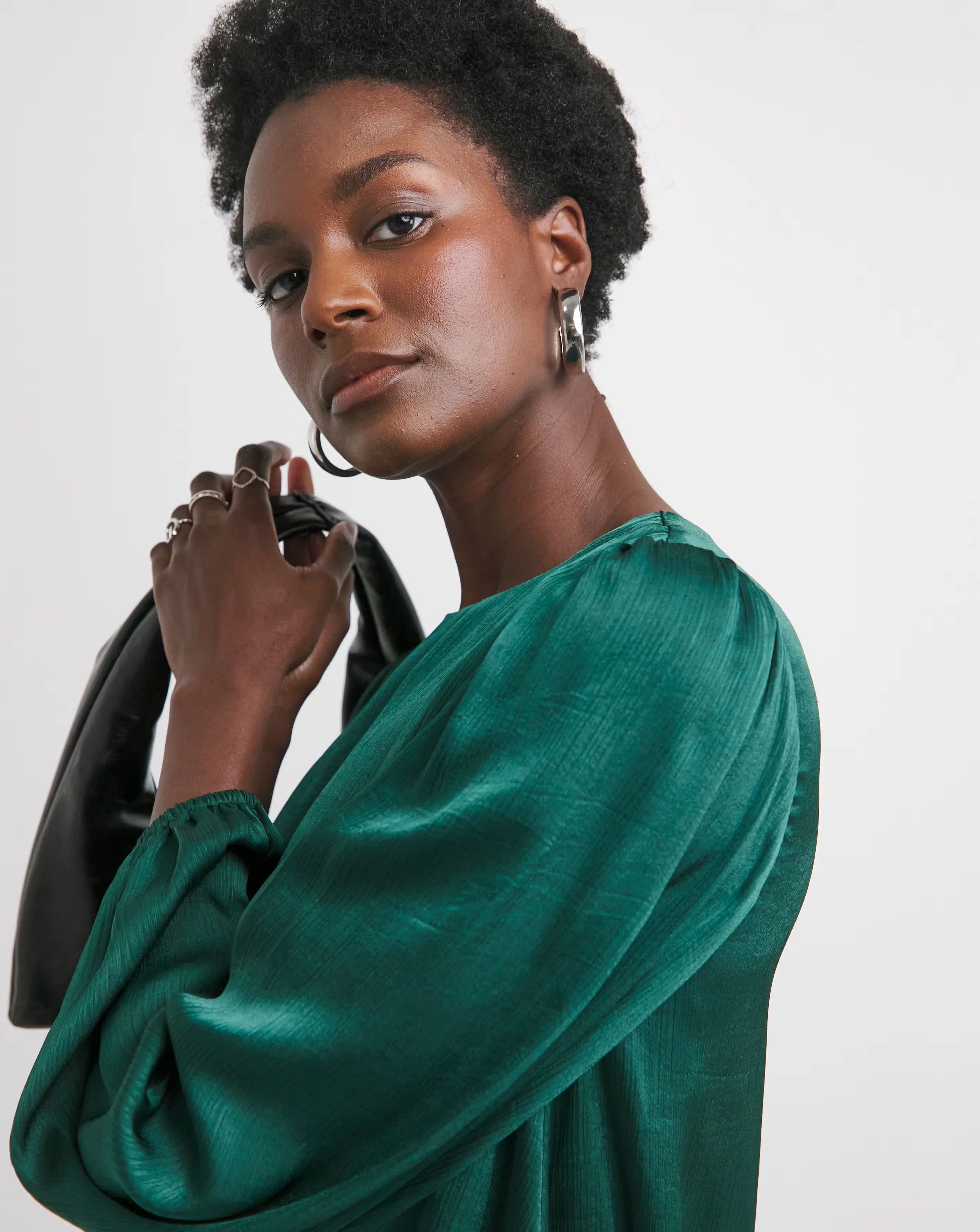 Womens Satin Bubble Hem Blouse - Green 3 Womens Satin Bubble Hem Blouse - Green