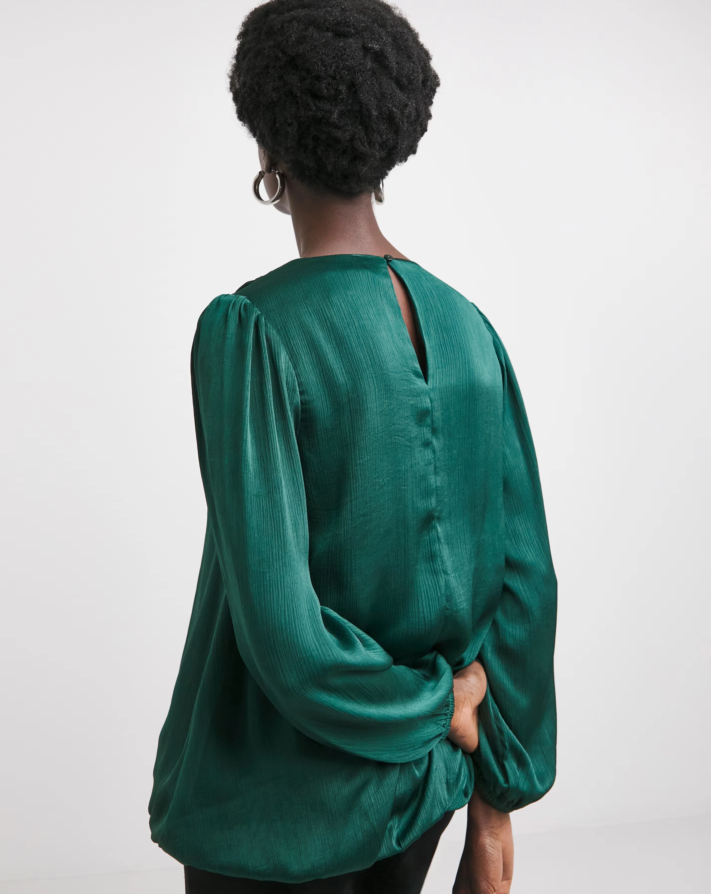 Womens Satin Bubble Hem Blouse - Green 4 Womens Satin Bubble Hem Blouse - Green