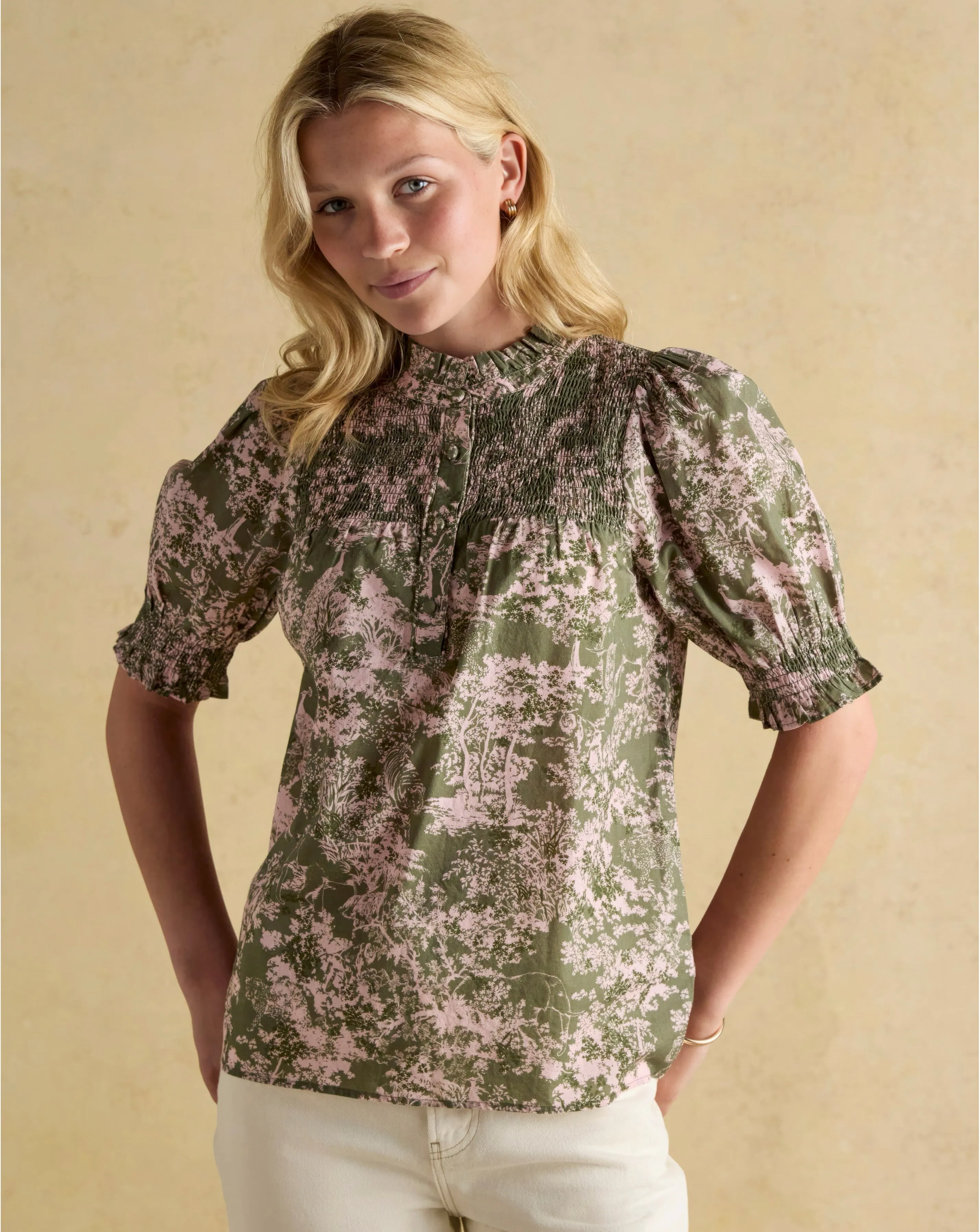 Joules Silvia Frill Neck Smocked Blouse 1 Joules Silvia Frill Neck Smocked Blouse