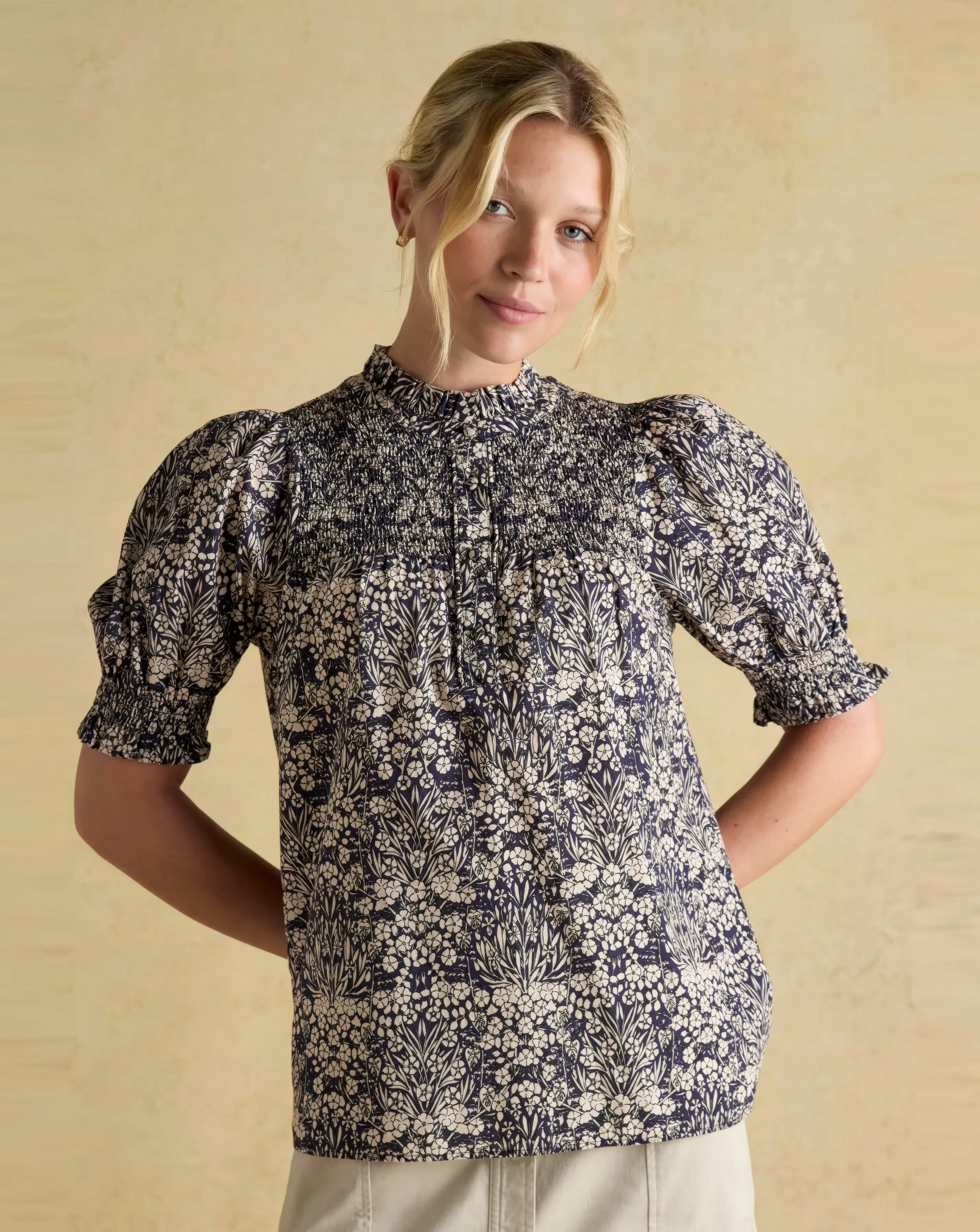 Joules Silvia Frill Neck Smocked Blouse 1 Joules Silvia Frill Neck Smocked Blouse