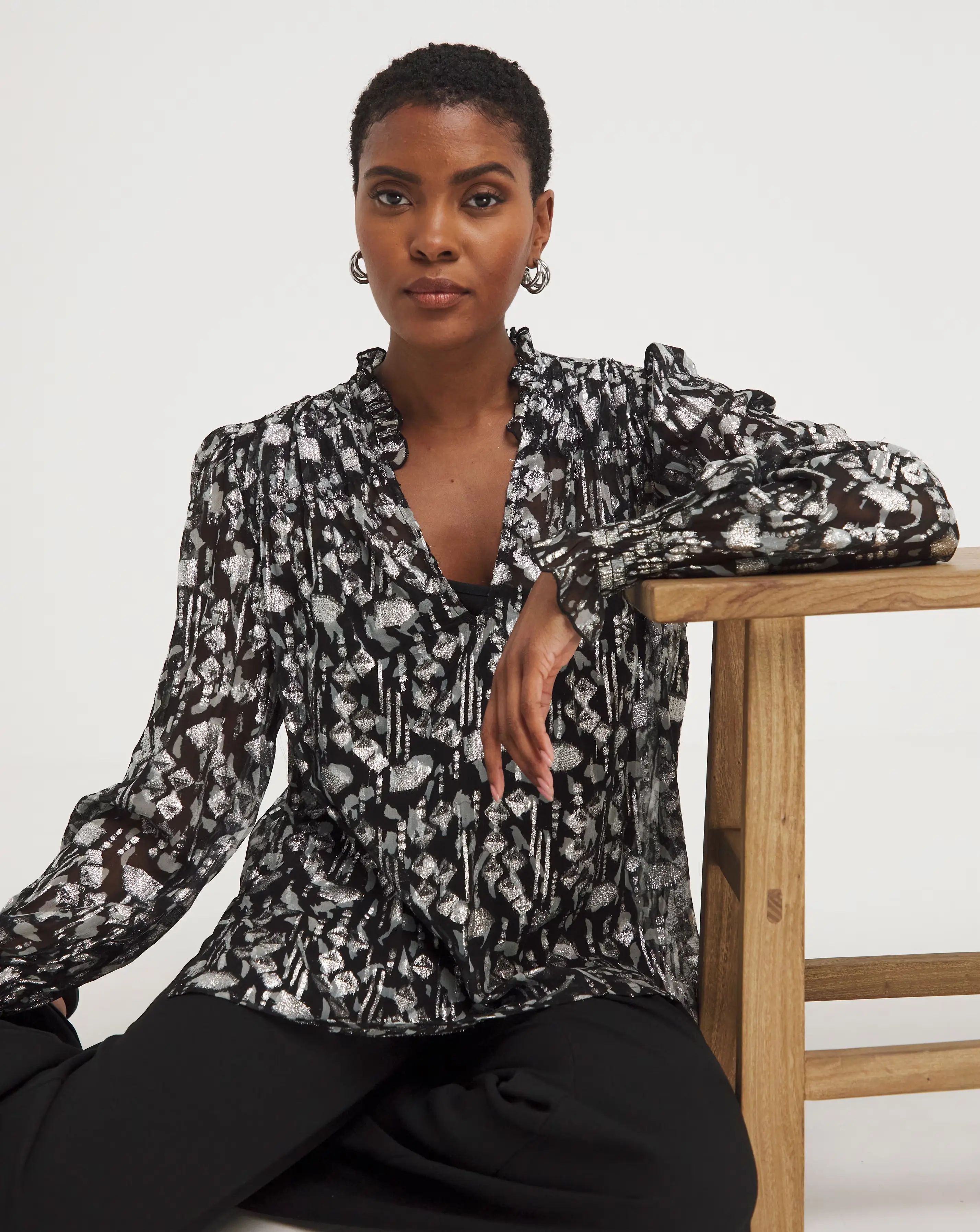 Silver V Neck Metallic Jaquard Blouse 1 Silver V Neck Metallic Jaquard Blouse