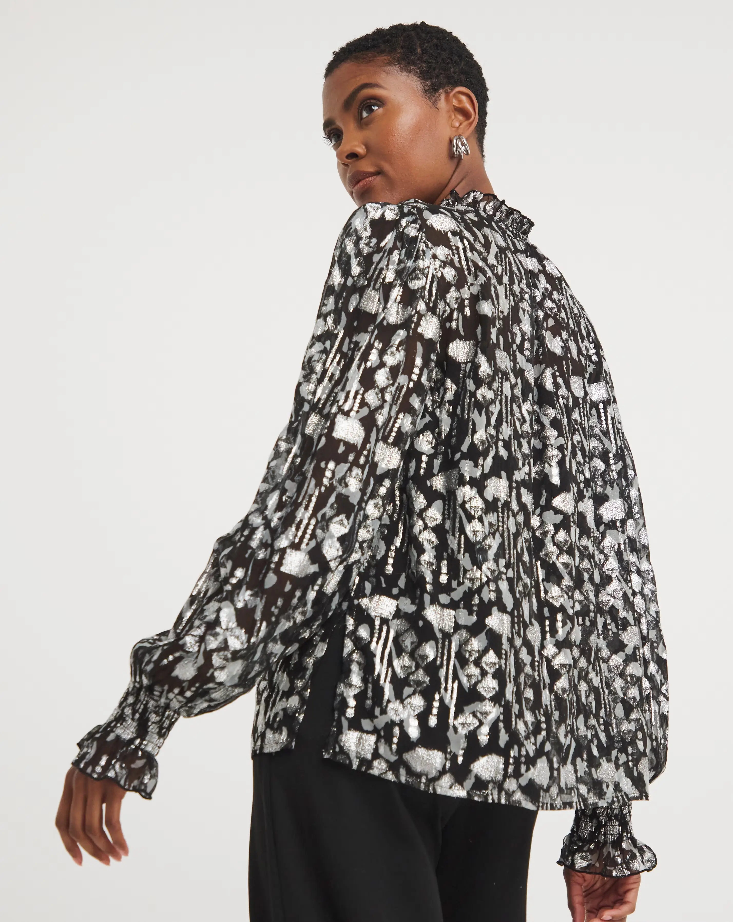 Silver V Neck Metallic Jaquard Blouse 3 Silver V Neck Metallic Jaquard Blouse
