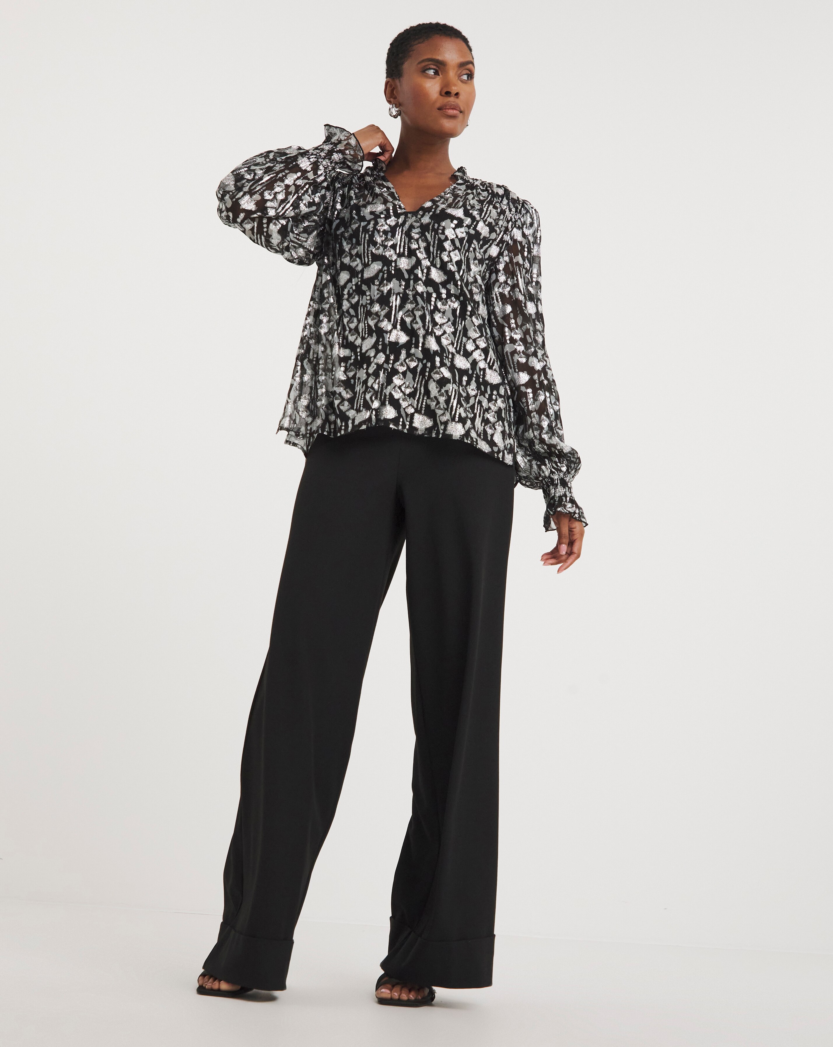 Silver V Neck Metallic Jaquard Blouse 4 Silver V Neck Metallic Jaquard Blouse