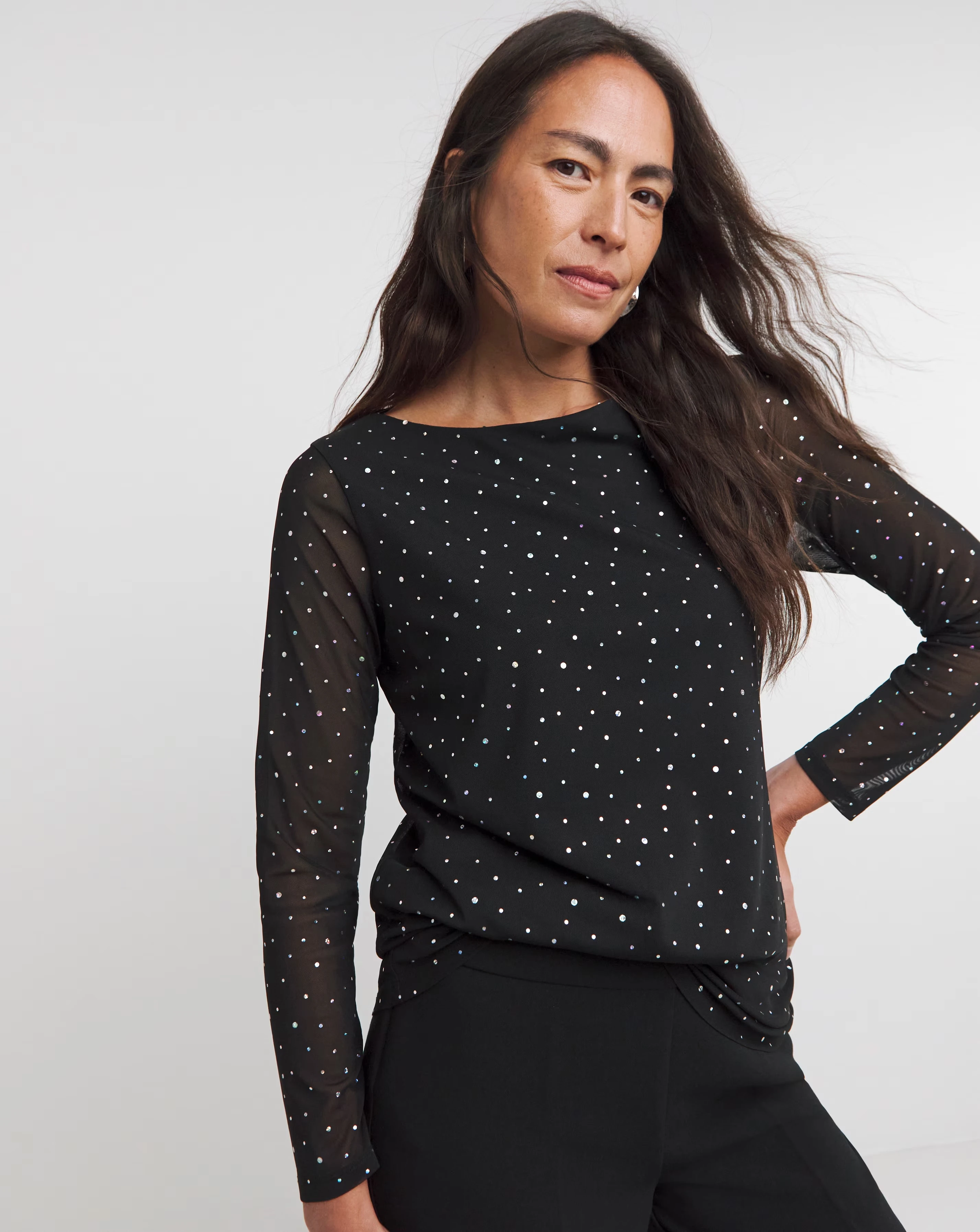 Black Crew Neck Long Sleeve Glitter Mesh Top 1 Black Crew Neck Long Sleeve Glitter Mesh Top
