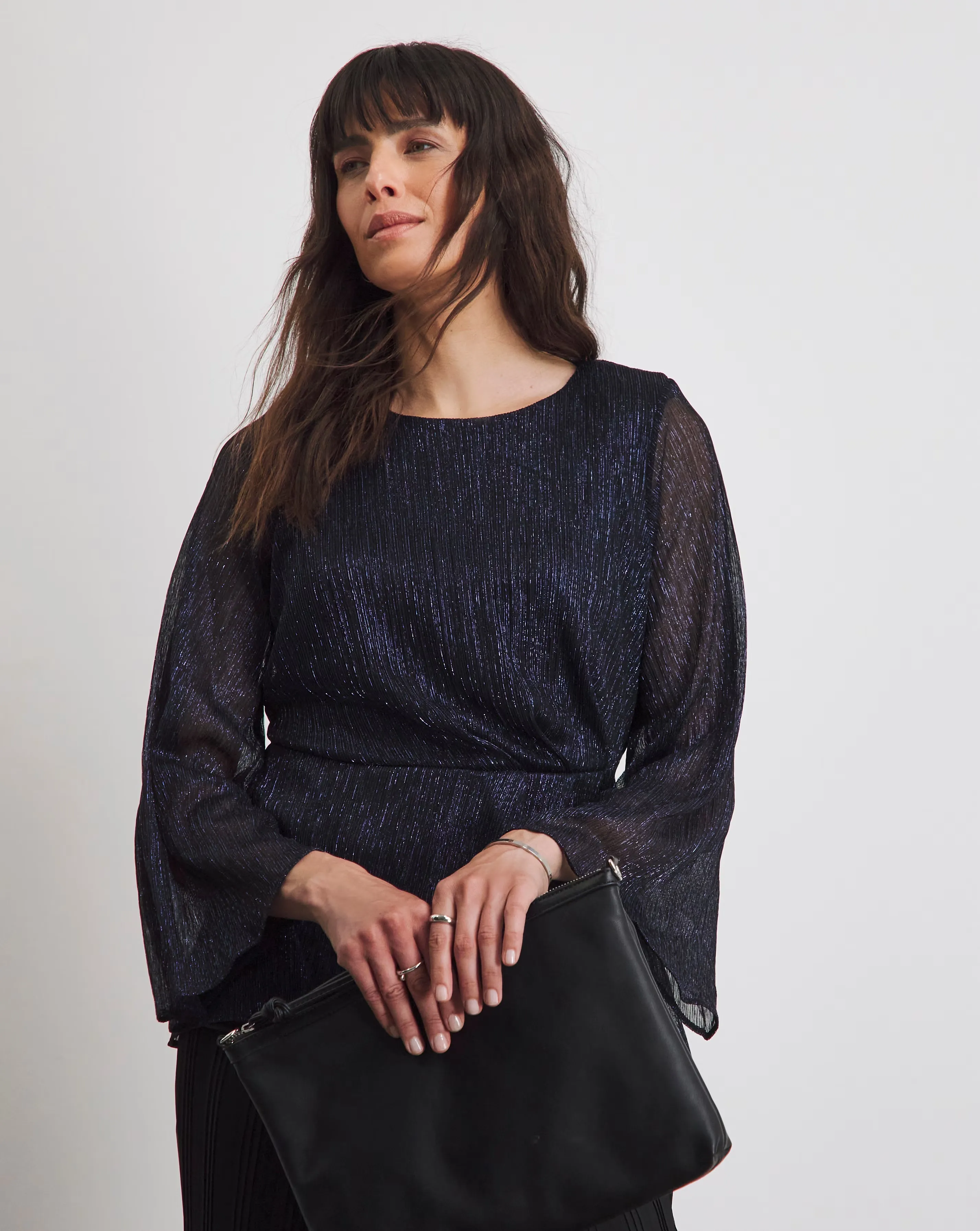 Joanna Hope Fluted Sleeve Metallic Plisse Wrap Blouse 1 Joanna Hope Fluted Sleeve Metallic Plisse Wrap Blouse