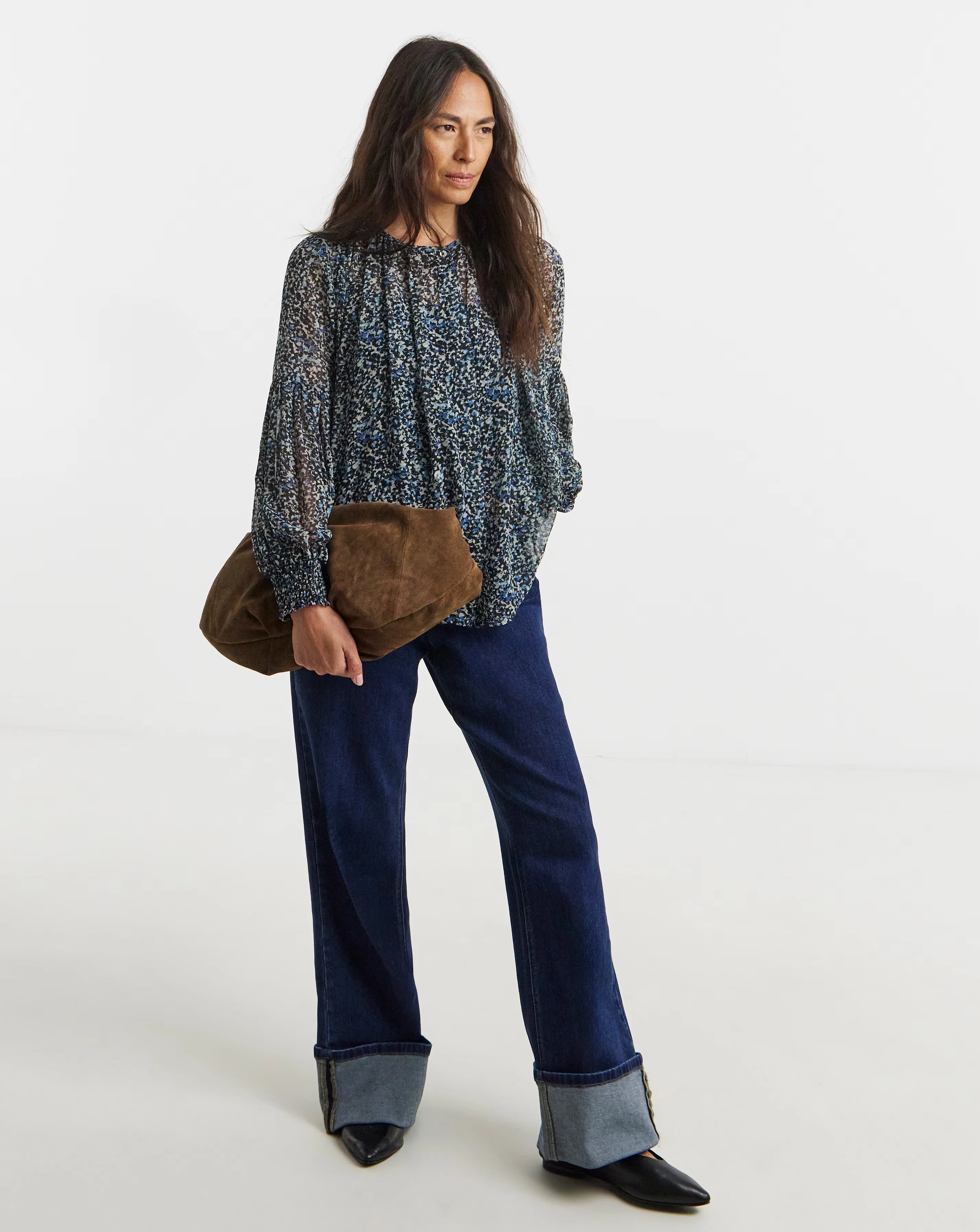 Womens Georgette Collarless Blouson Sleeve - Blue Abstract 1 Womens Georgette Collarless Blouson Sleeve - Blue Abstract