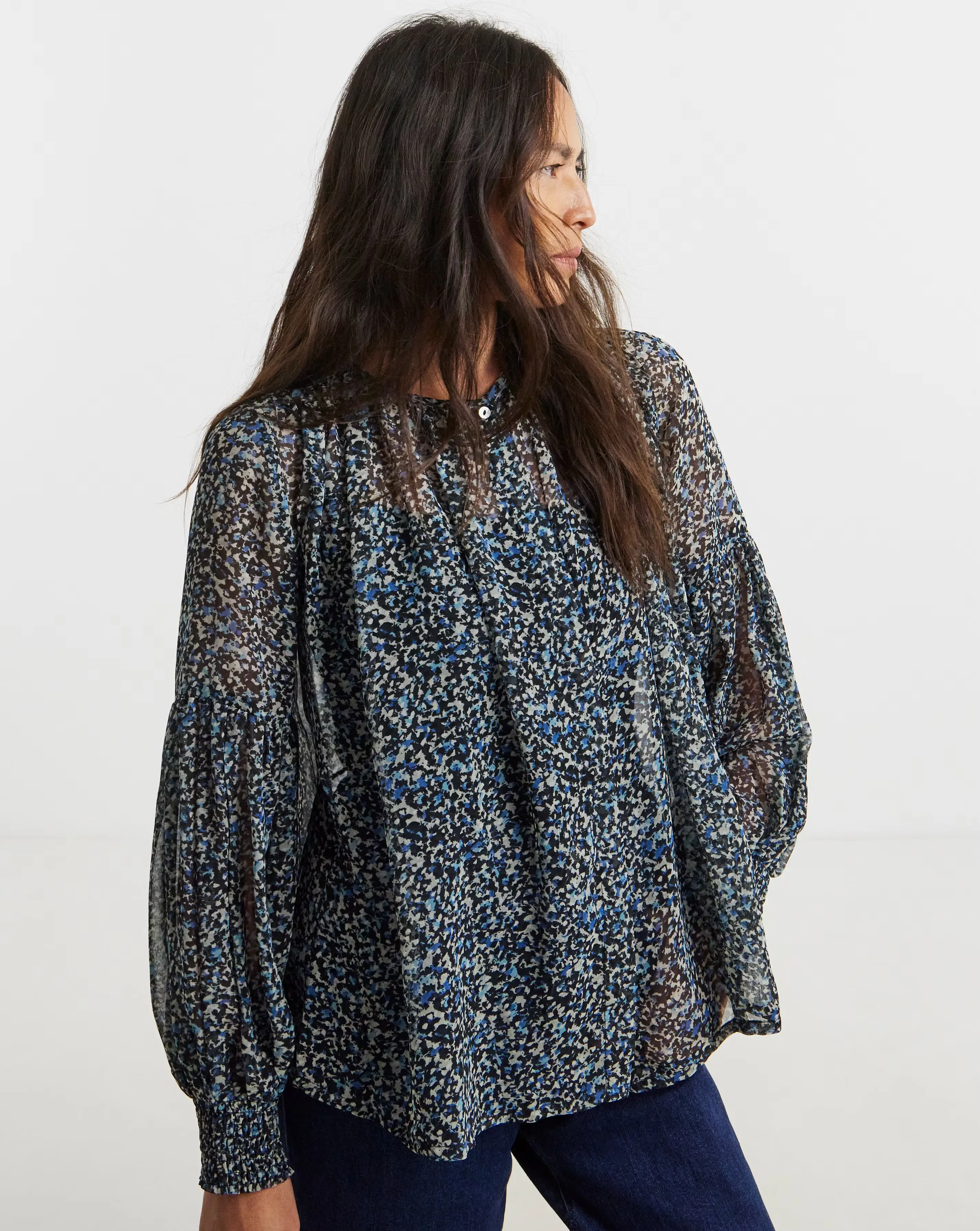 Womens Georgette Collarless Blouson Sleeve - Blue Abstract 2 Womens Georgette Collarless Blouson Sleeve - Blue Abstract