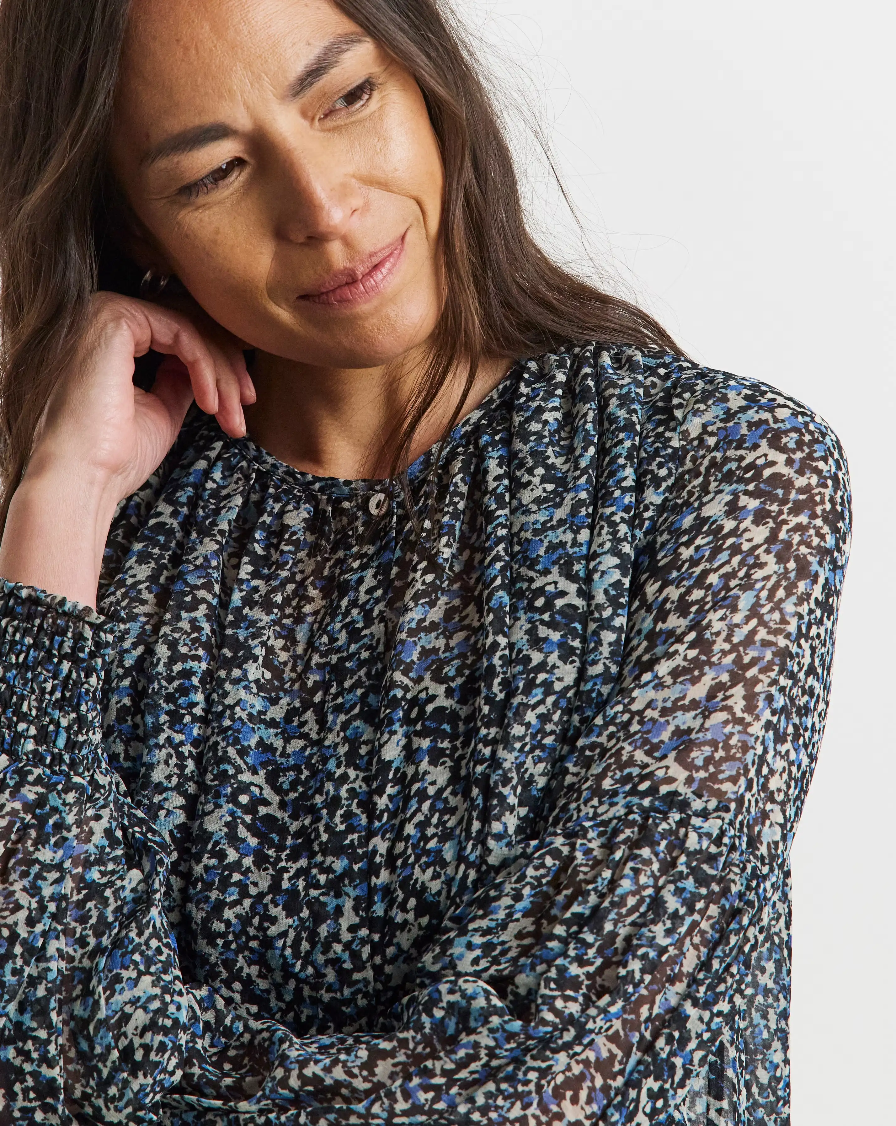 Womens Georgette Collarless Blouson Sleeve - Blue Abstract 3 Womens Georgette Collarless Blouson Sleeve - Blue Abstract