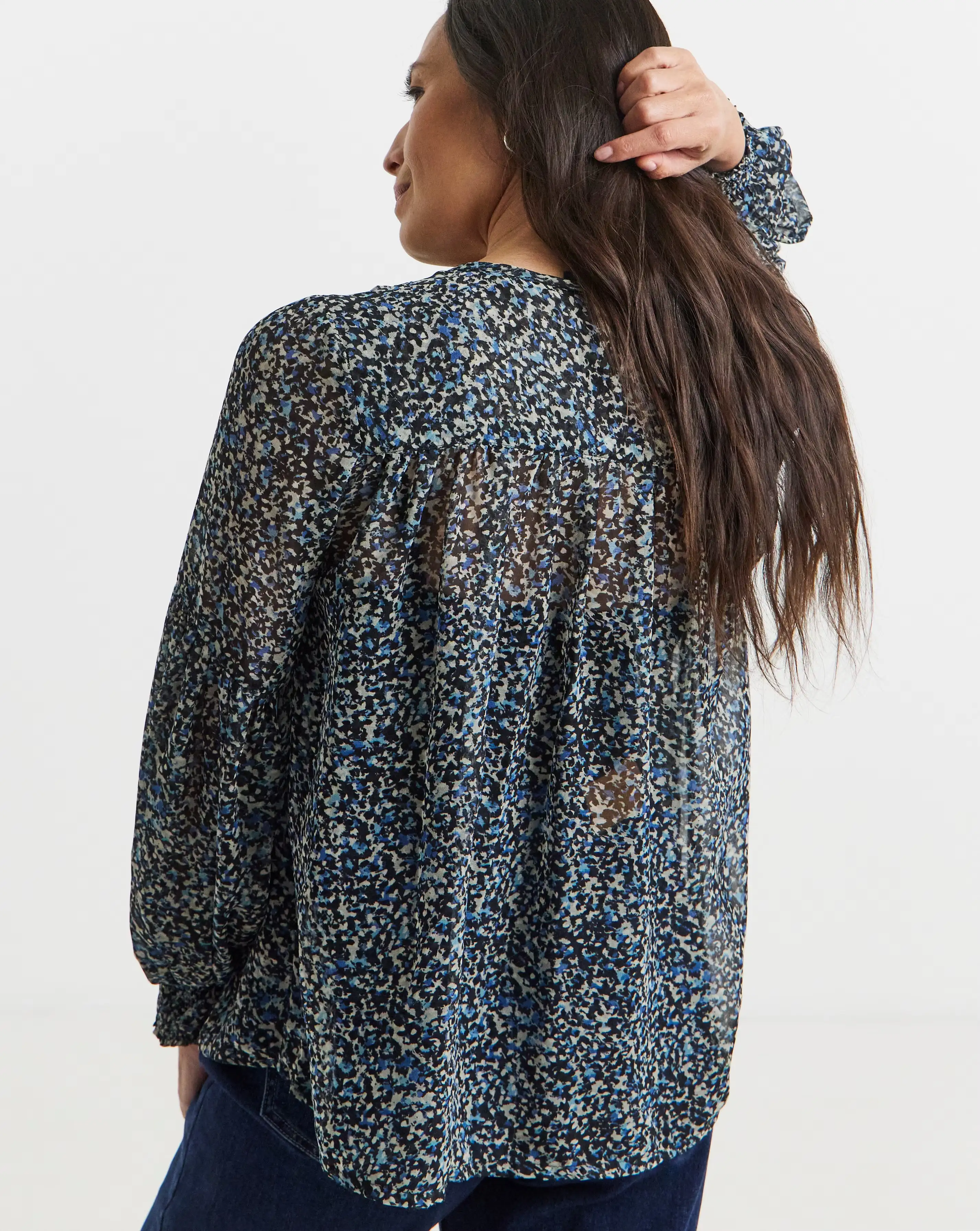 Womens Georgette Collarless Blouson Sleeve - Blue Abstract 4 Womens Georgette Collarless Blouson Sleeve - Blue Abstract