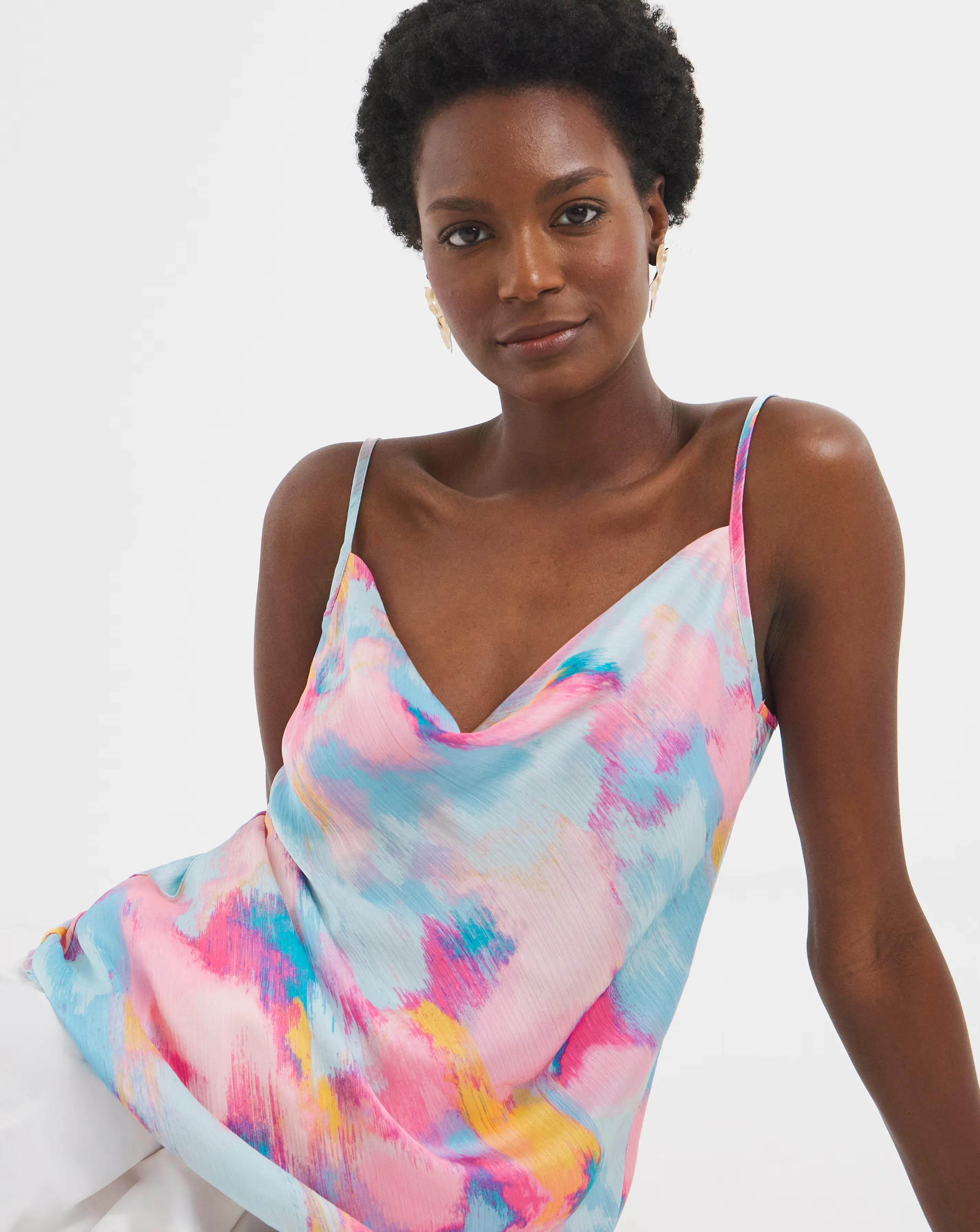 Printed Satin Cowl Neck Strappy Cami 1 Printed Satin Cowl Neck Strappy Cami