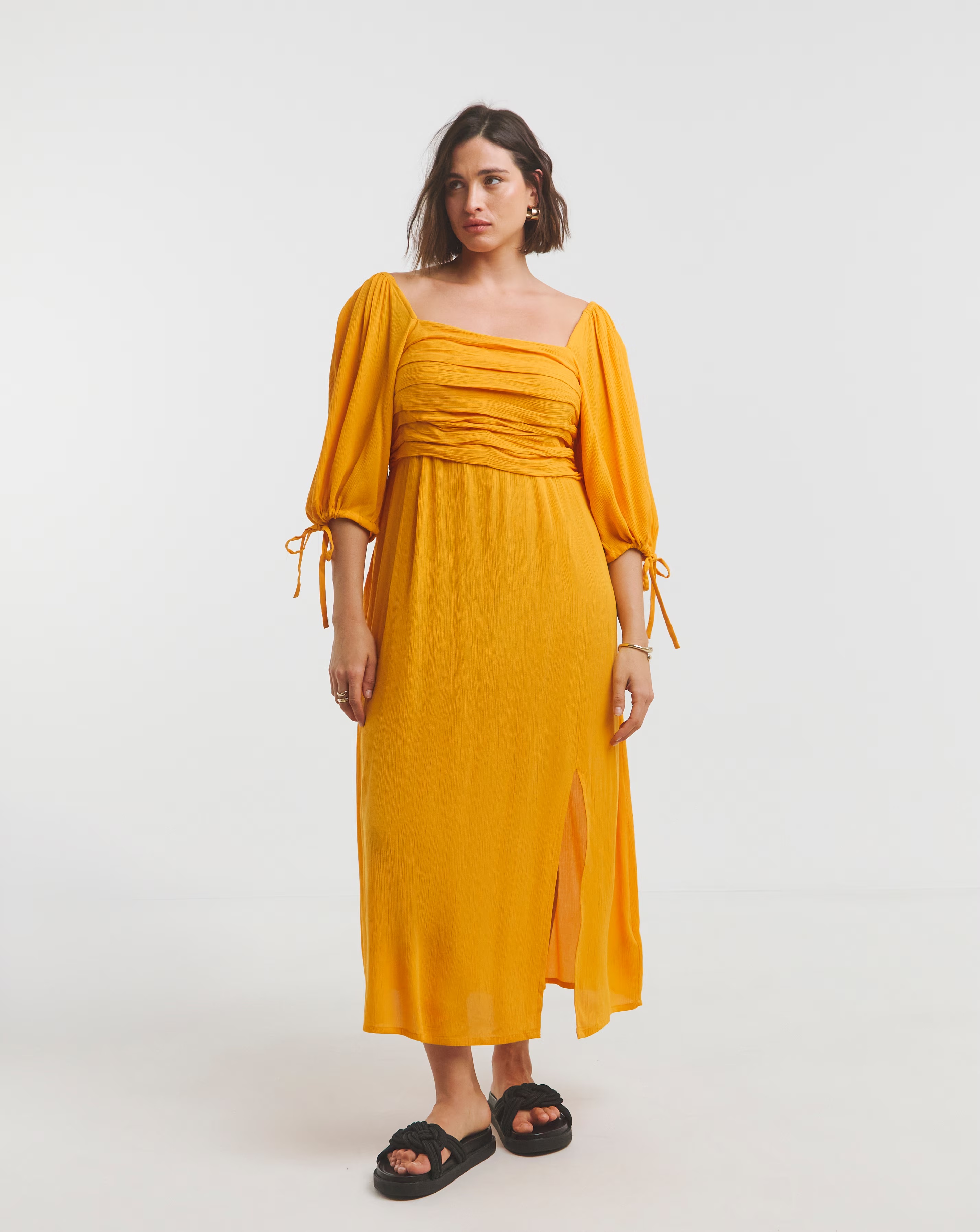 Yellow Crinkle Soft Volume Midi Dress 1 Yellow Crinkle Soft Volume Midi Dress