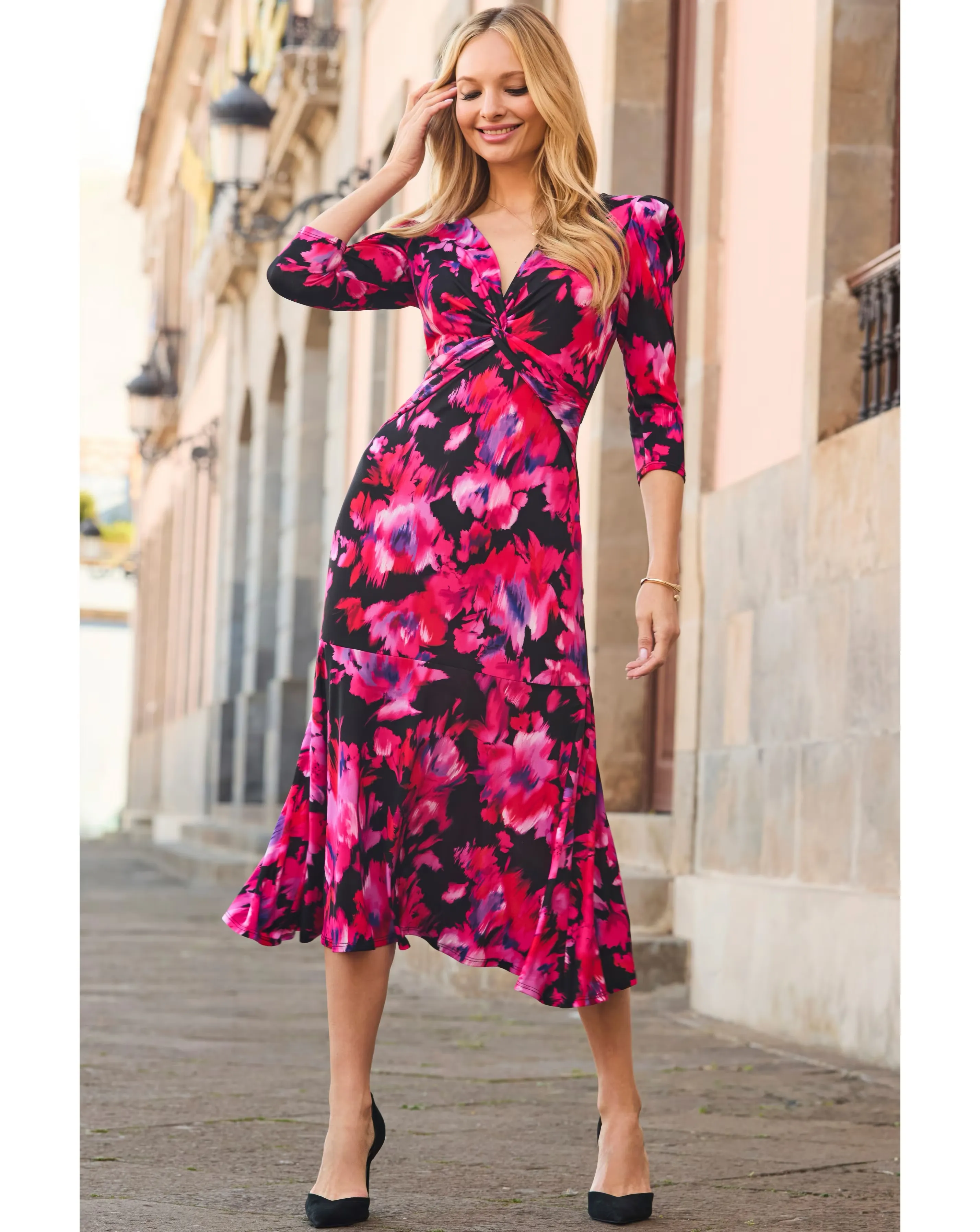 Sosandar Floral Print Twist Front Midi Dress 3 Sosandar Floral Print Twist Front Midi Dress