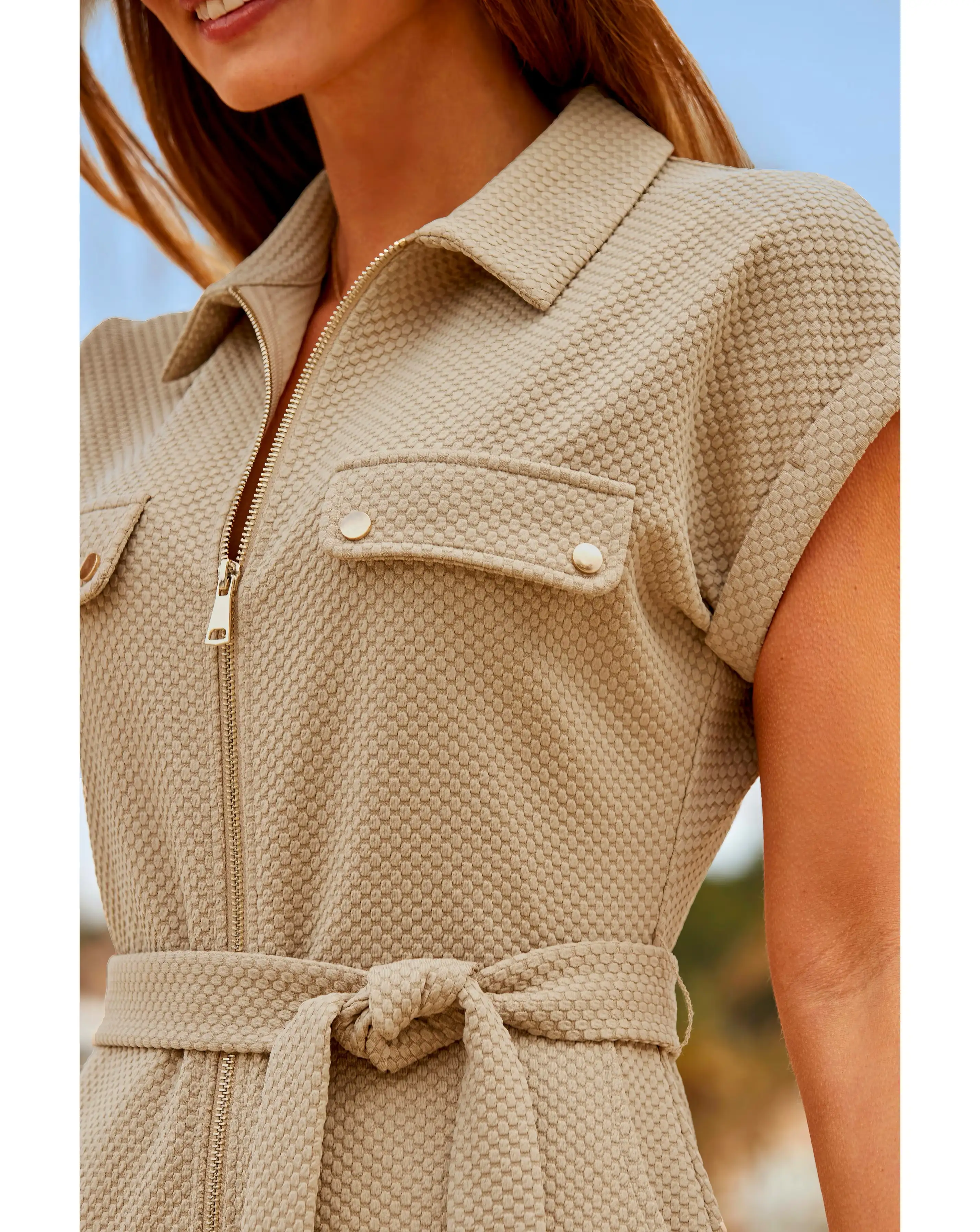 Sosandar Textured Zip Front belted Dress 3 Sosandar Textured Zip Front belted Dress