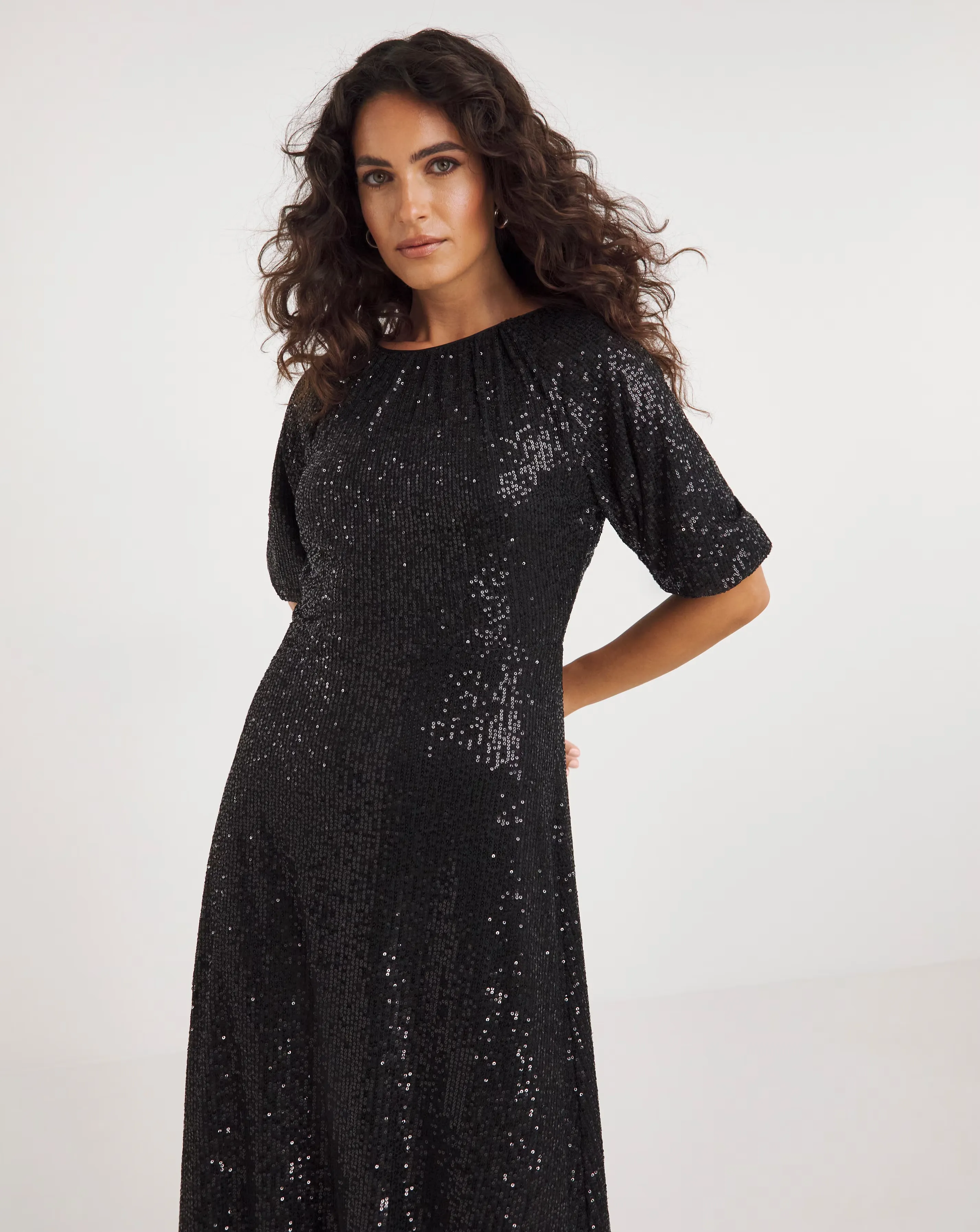 Linear Sequin Puff Sleeve Midi Dress 3 Linear Sequin Puff Sleeve Midi Dress
