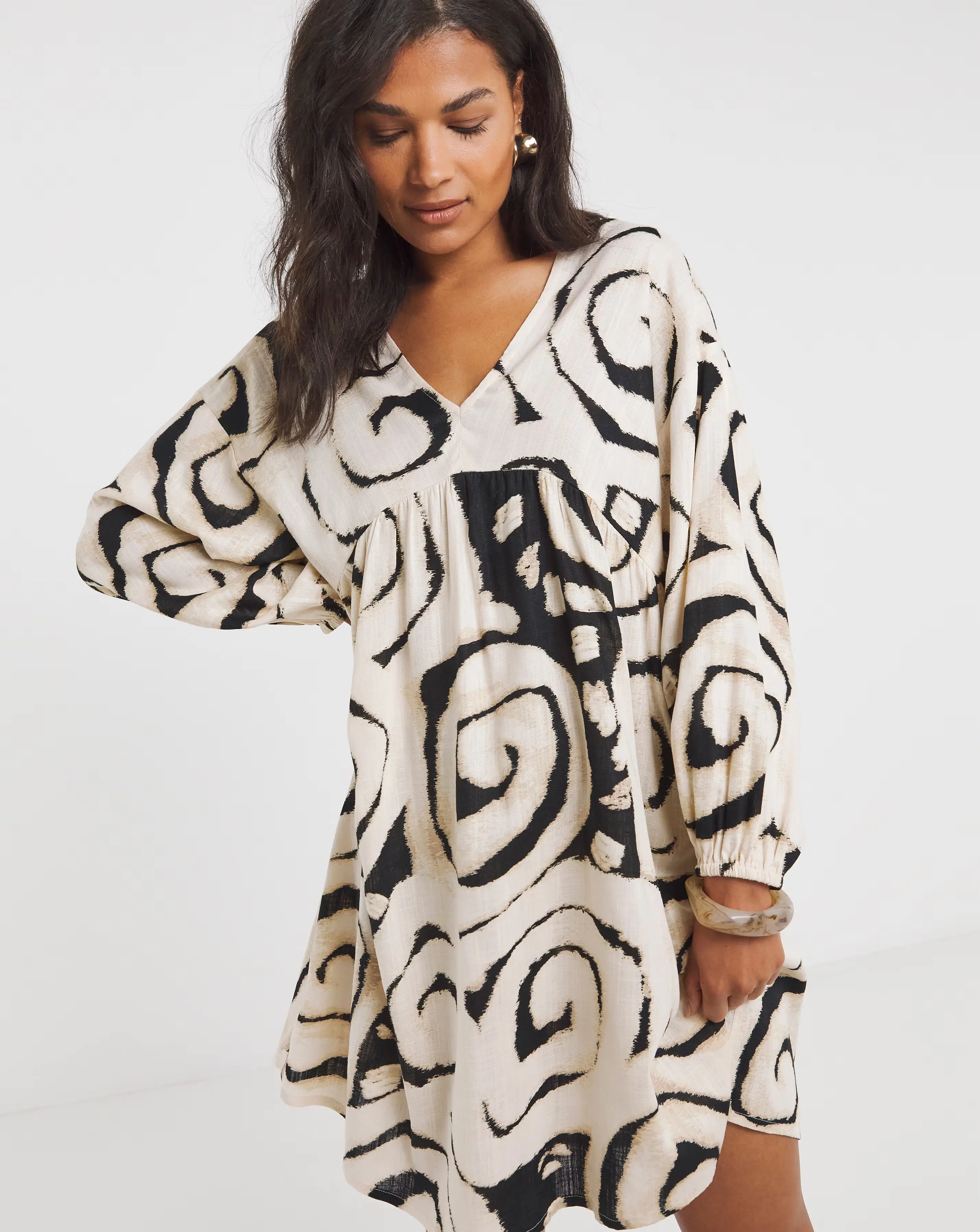 Simply Be Mono Print Linen Blend Smock Dress