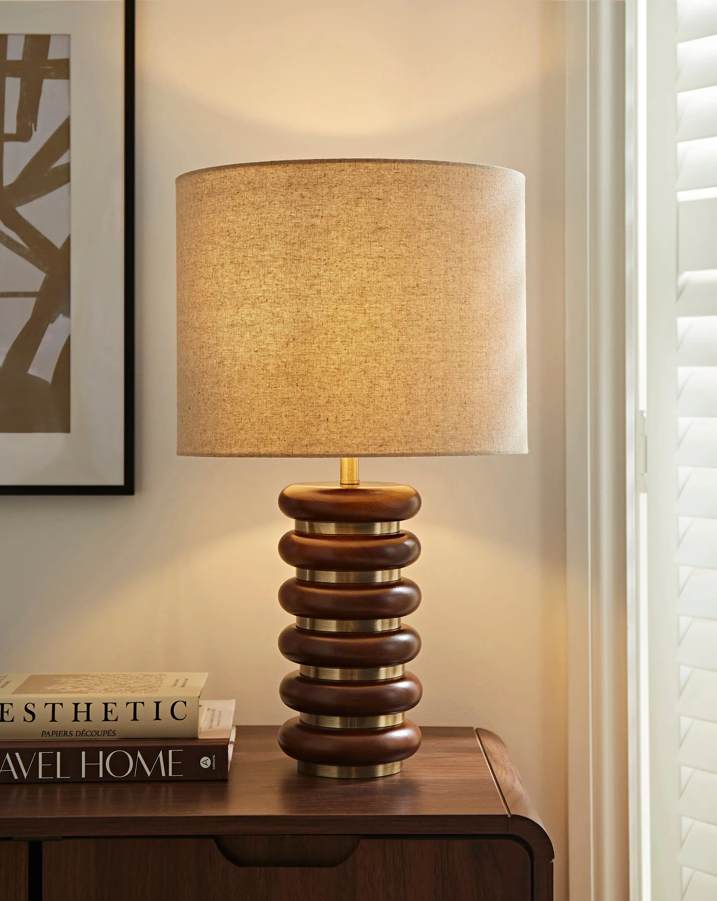 Wood & Brass Ribbed Table Lamp