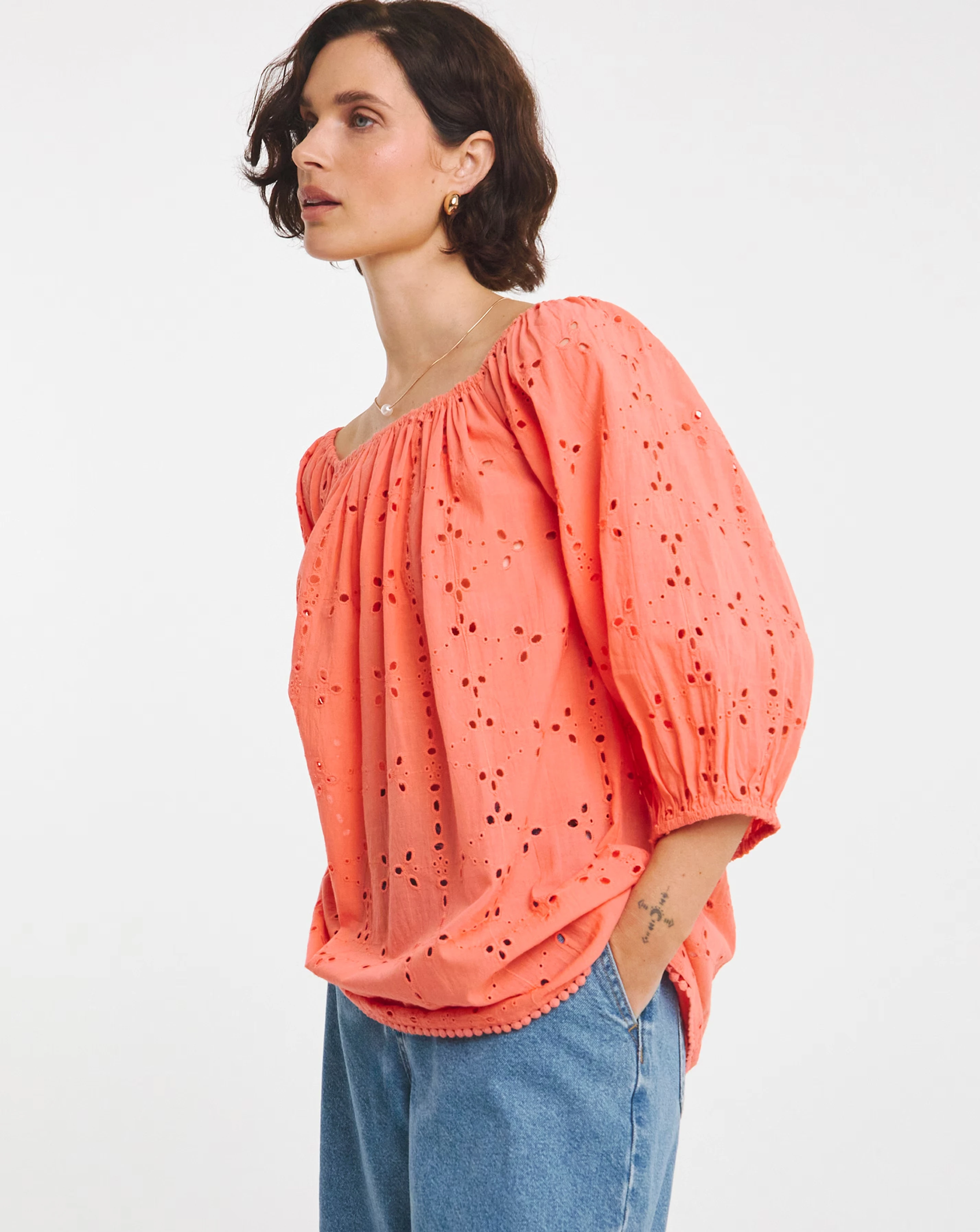 Pure Cotton Broderie Elasticated Neckline Top 1 Pure Cotton Broderie Elasticated Neckline Top