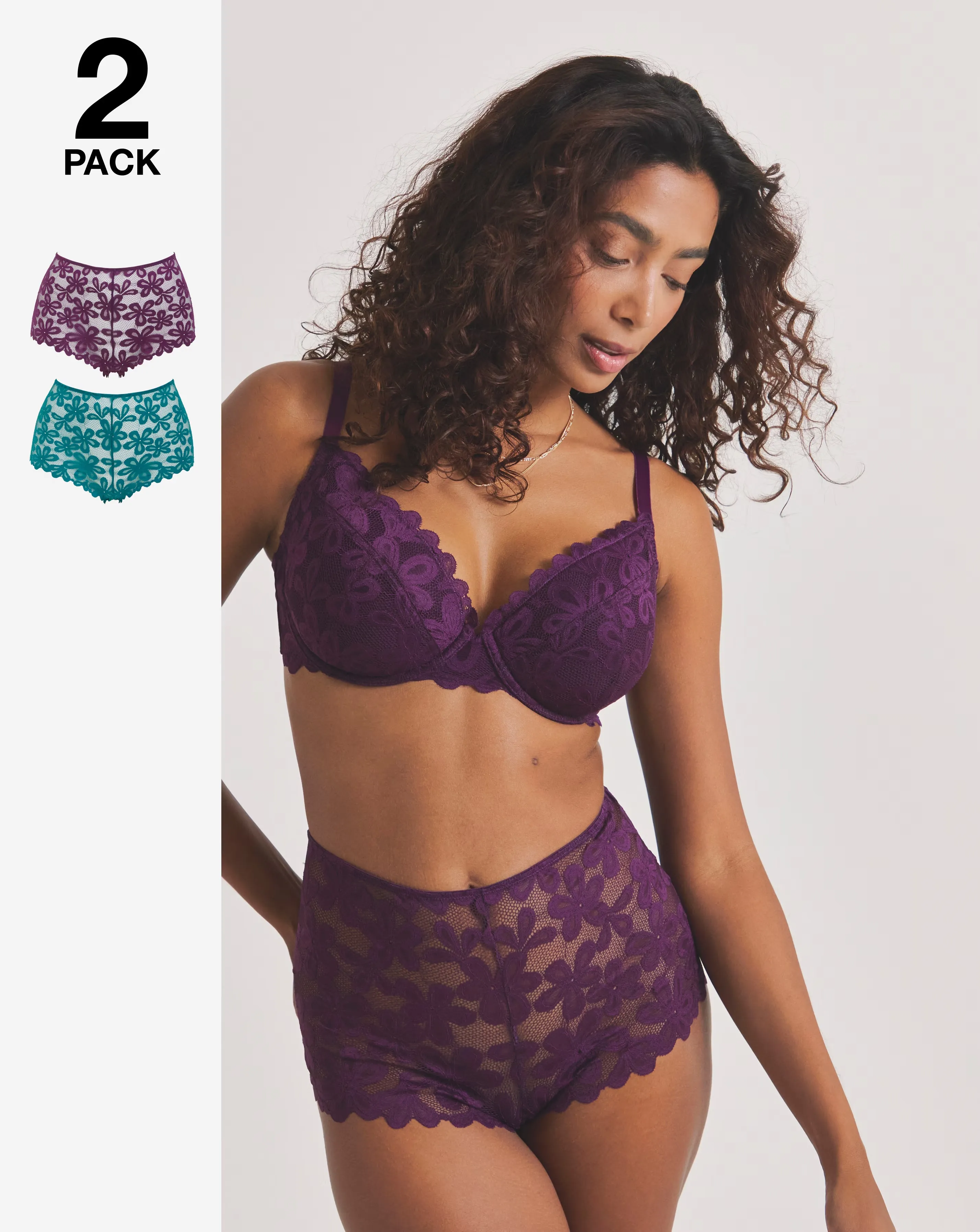 Pretty Secrets (2 Pack) Daisy Lace Short Knickers Green/Plum 1 Pretty Secrets (2 Pack) Daisy Lace Short Knickers Green/Plum
