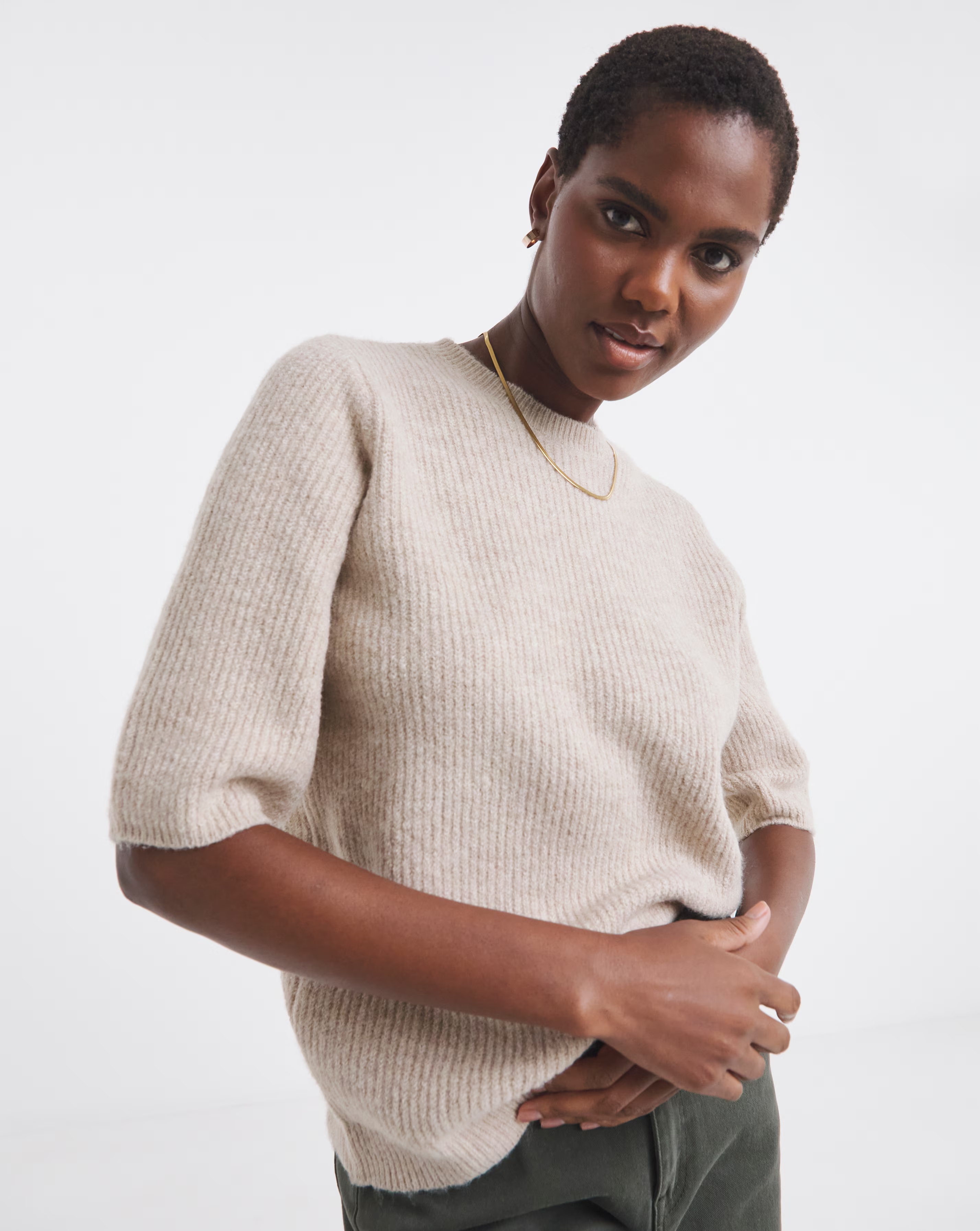 Oatmeal Ribbed Short Sleeve Jumper 1 Oatmeal Ribbed Short Sleeve Jumper