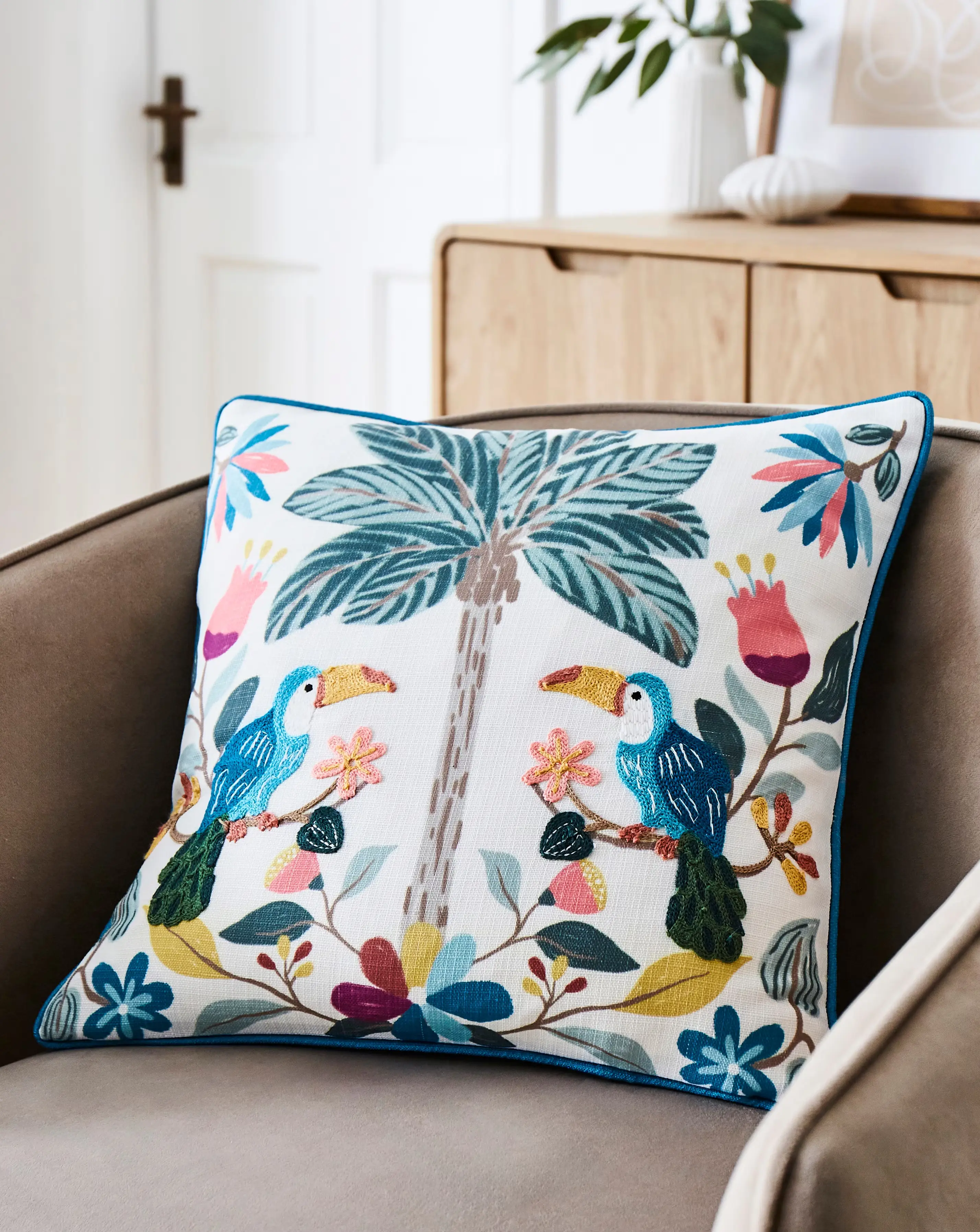 Paradise Tropical Birds Embroidered Cushion 1 Paradise Tropical Birds Embroidered Cushion