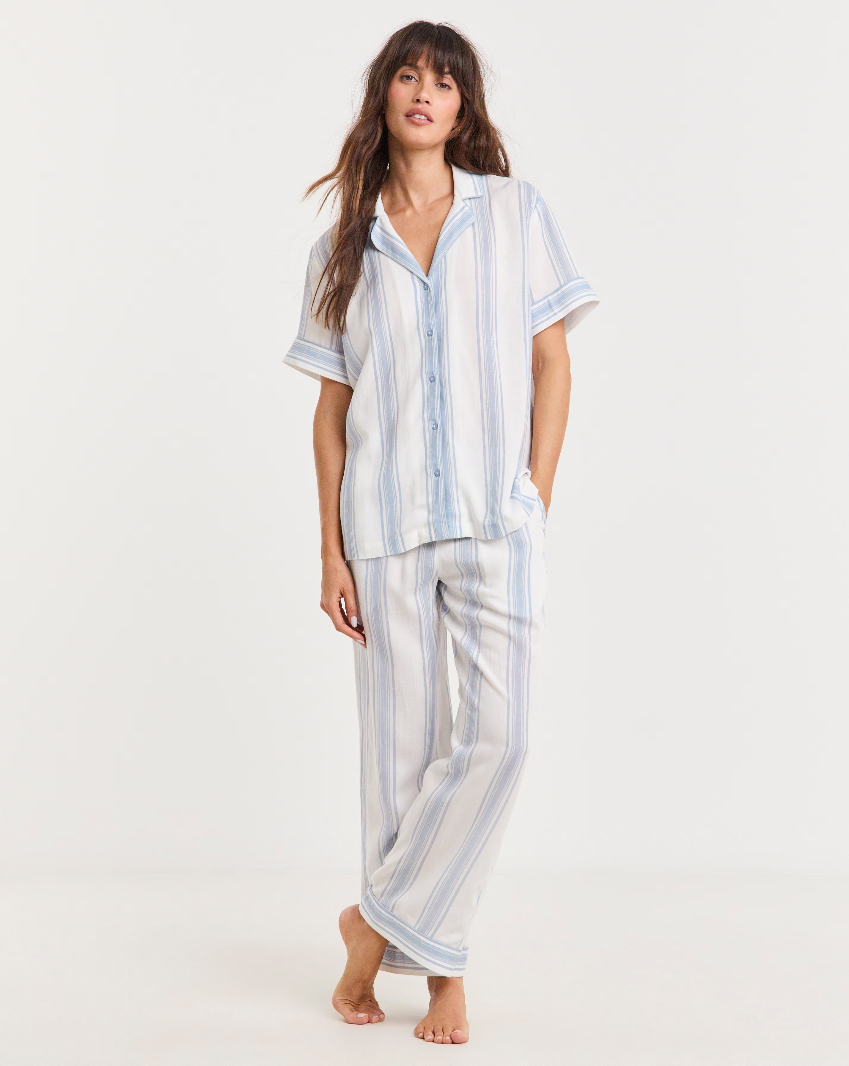 Linen Stripe Button Through Pyjama Set 1 Linen Stripe Button Through Pyjama Set