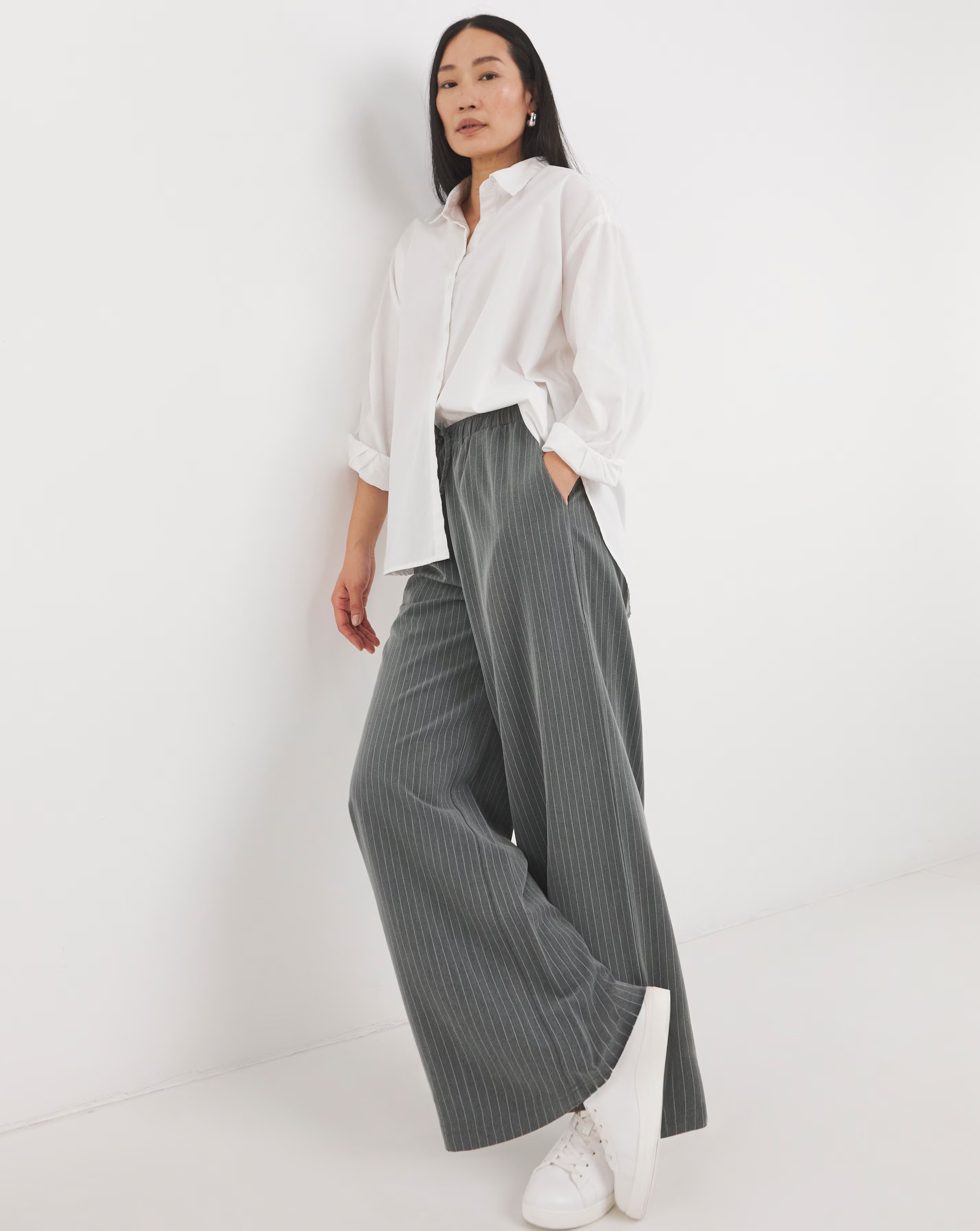 Soft Pull On Grey Pinstripe Wide Leg Trousers 1 Soft Pull On Grey Pinstripe Wide Leg Trousers