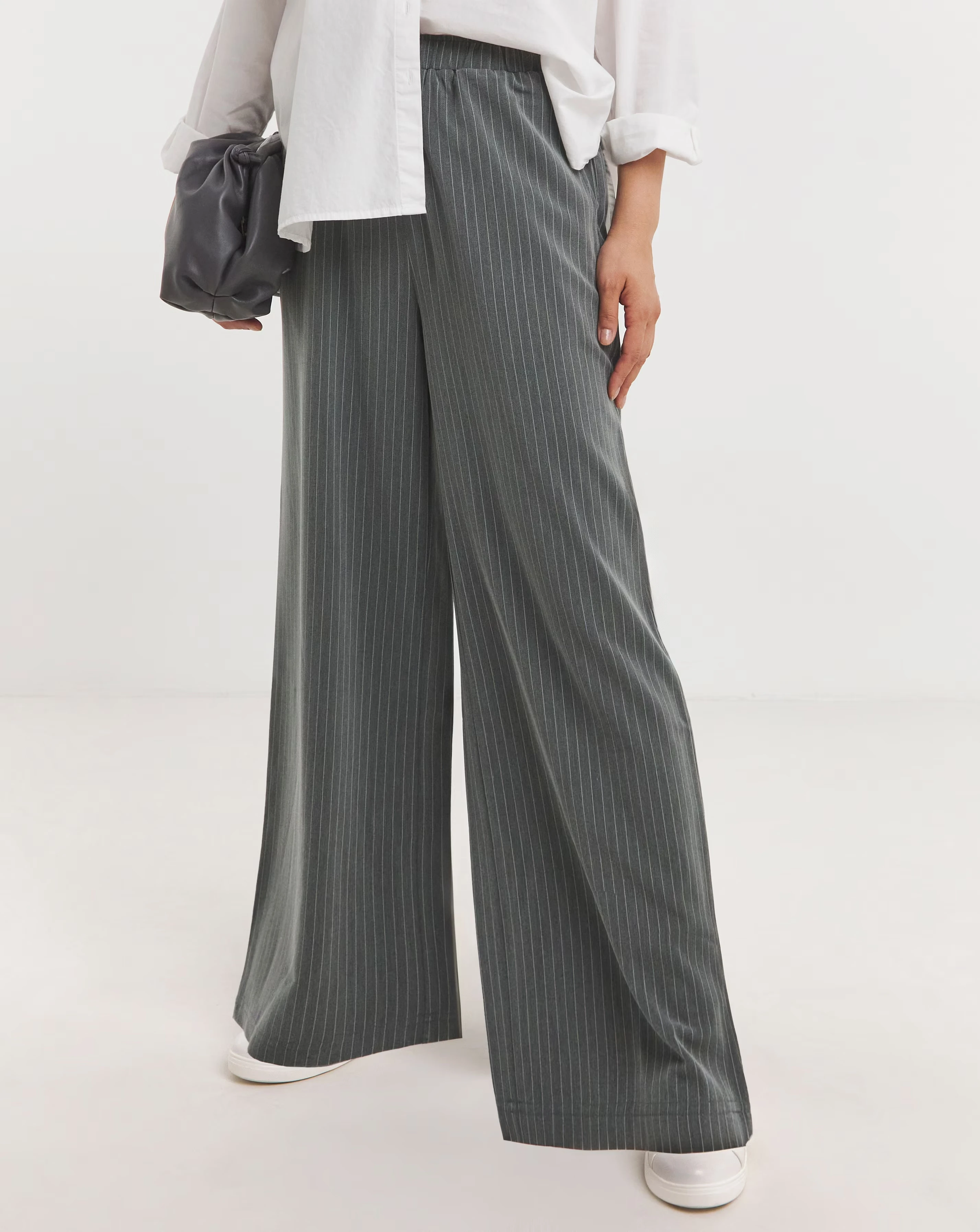 Soft Pull On Grey Pinstripe Wide Leg Trousers 2 Soft Pull On Grey Pinstripe Wide Leg Trousers