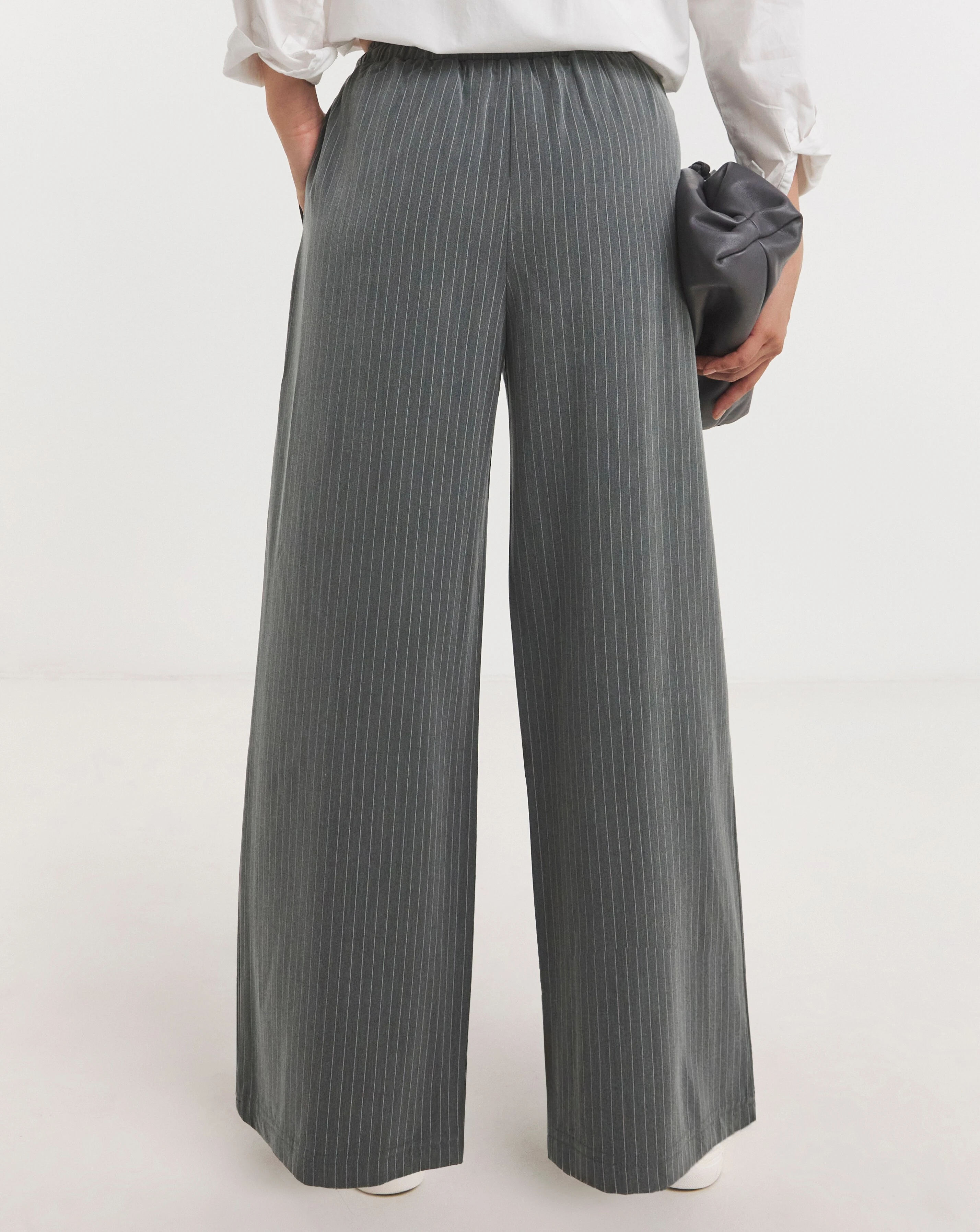 Soft Pull On Grey Pinstripe Wide Leg Trousers 4 Soft Pull On Grey Pinstripe Wide Leg Trousers
