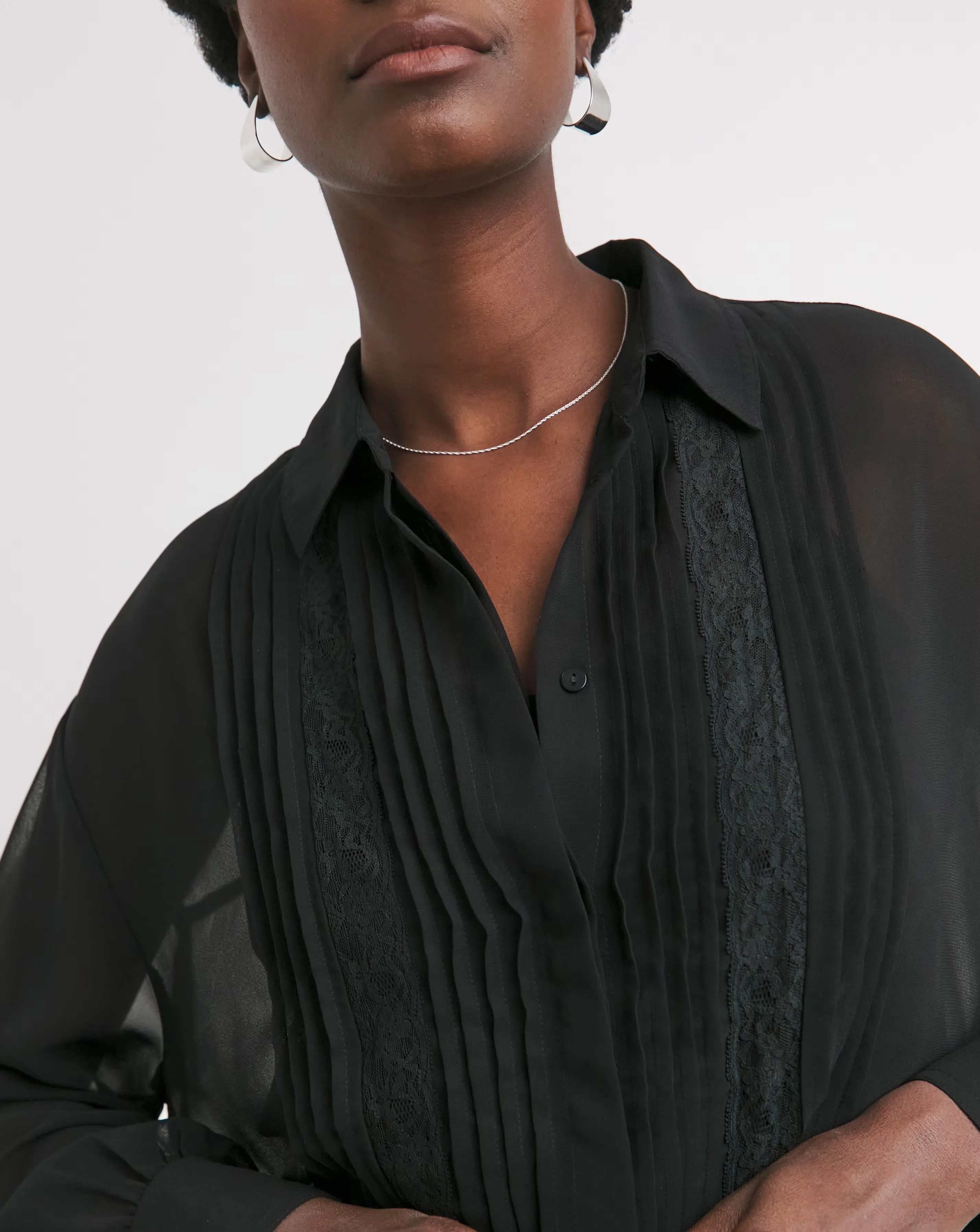 Lace Trim Chiffon Shirt - Black 3 Lace Trim Chiffon Shirt - Black