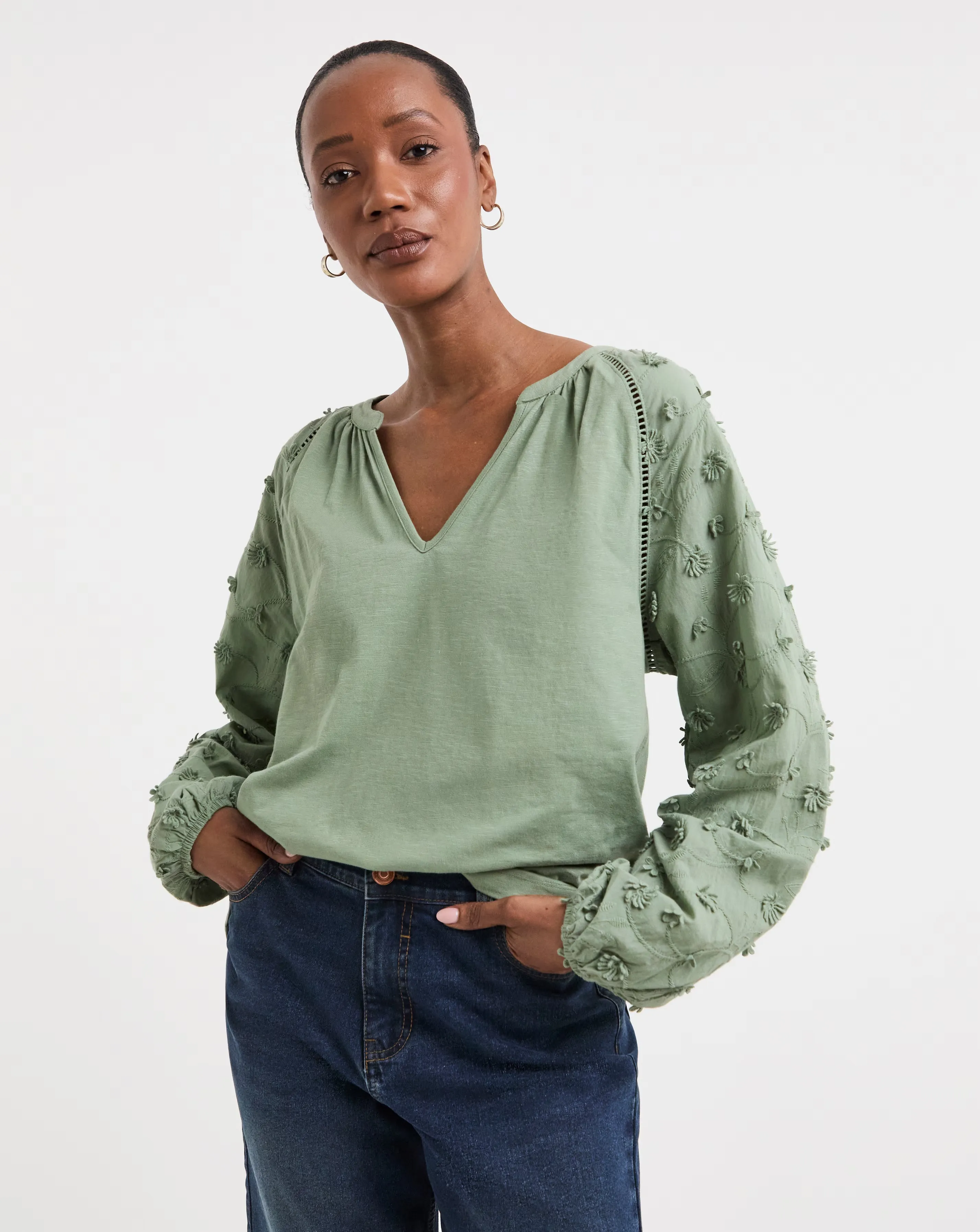 V neck 3D Floral Long Sleeve Blouse 1 V neck 3D Floral Long Sleeve Blouse