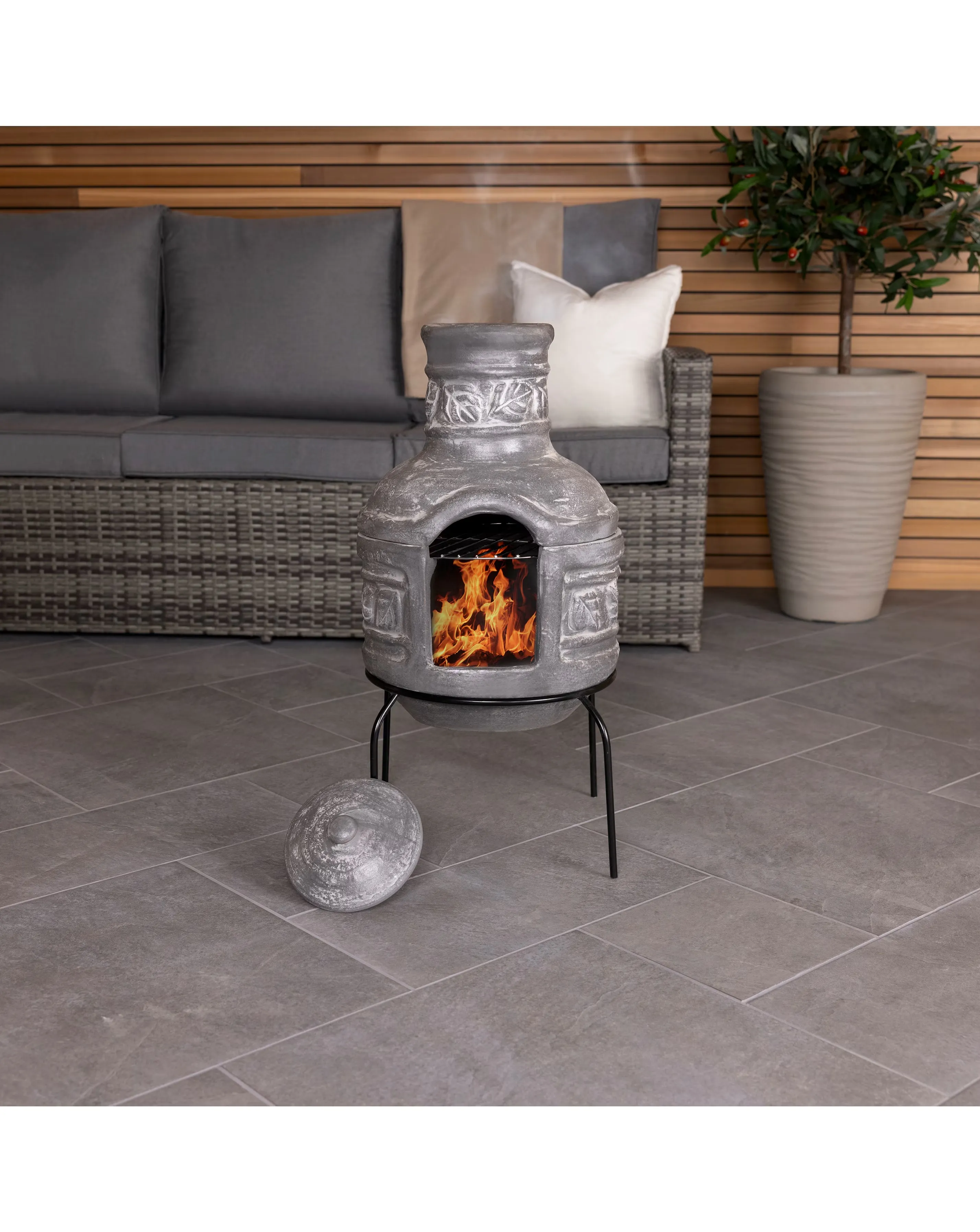 Charles Bentley Leaf Motif Clay Chimenea With Grill 1 Charles Bentley Leaf Motif Clay Chimenea With Grill