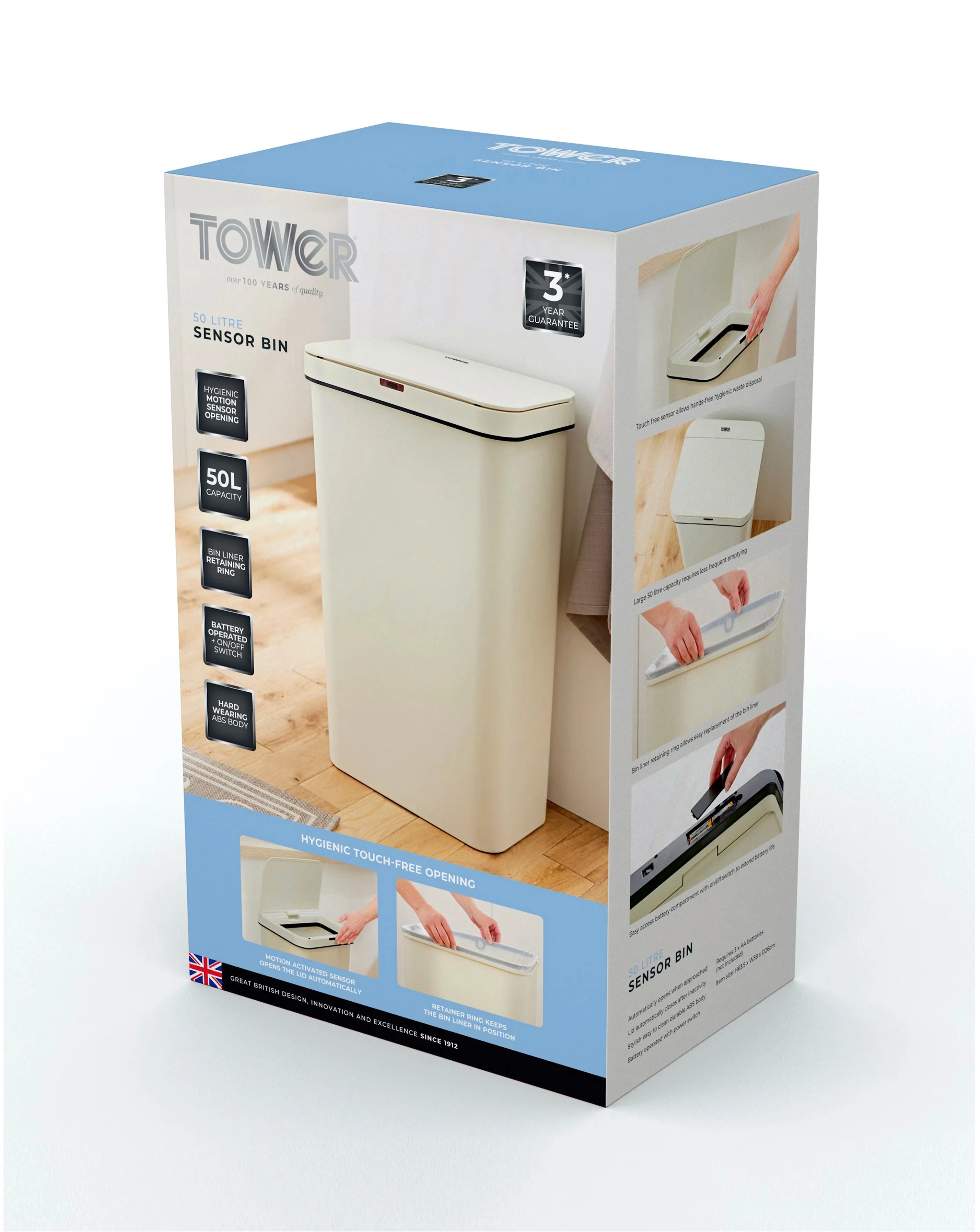 Tower 50L Rectangular Sensor Bin Cream 3 Tower 50L Rectangular Sensor Bin Cream