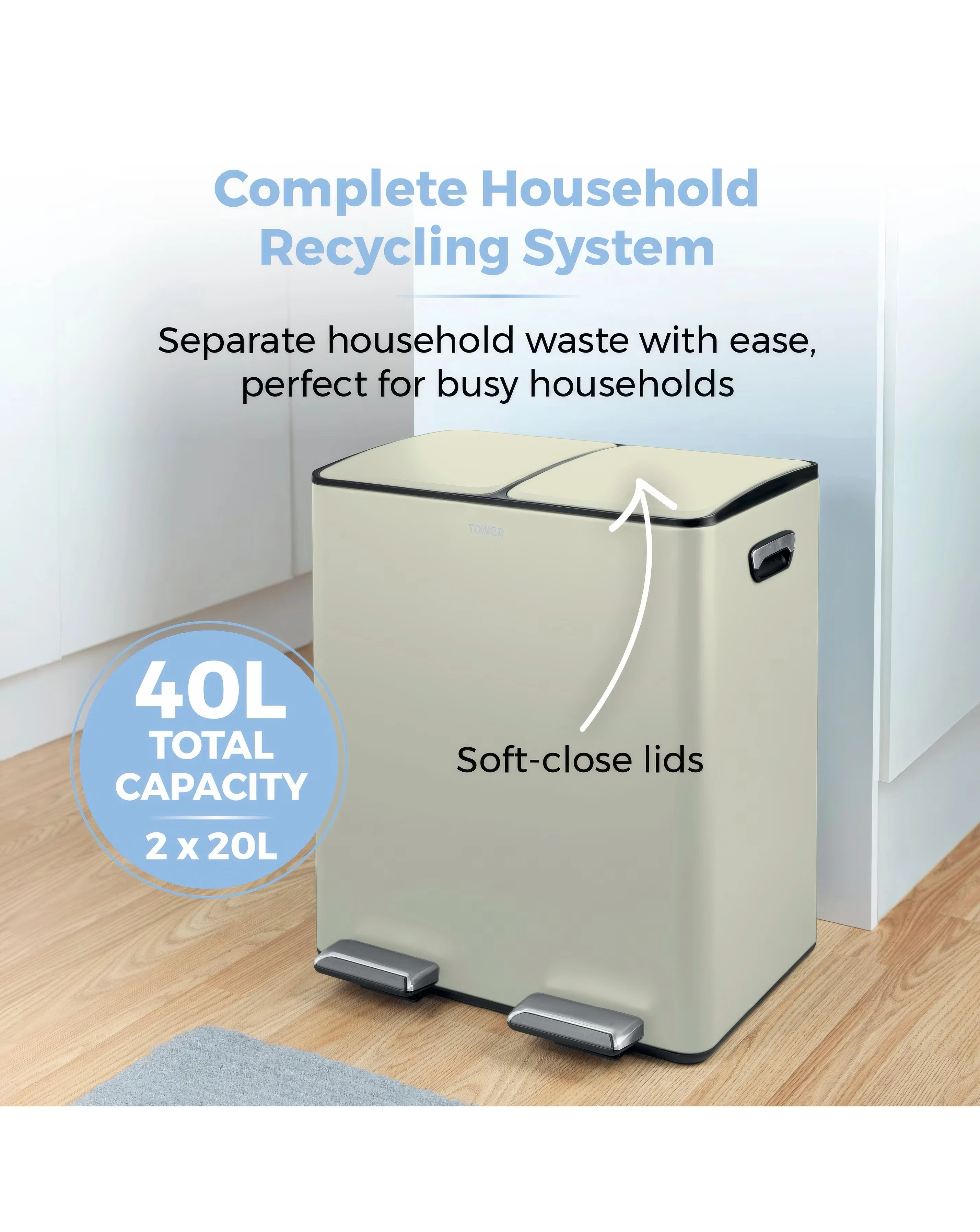 Tower 40L Recycling Pedal Bin Cream 5 Tower 40L Recycling Pedal Bin Cream