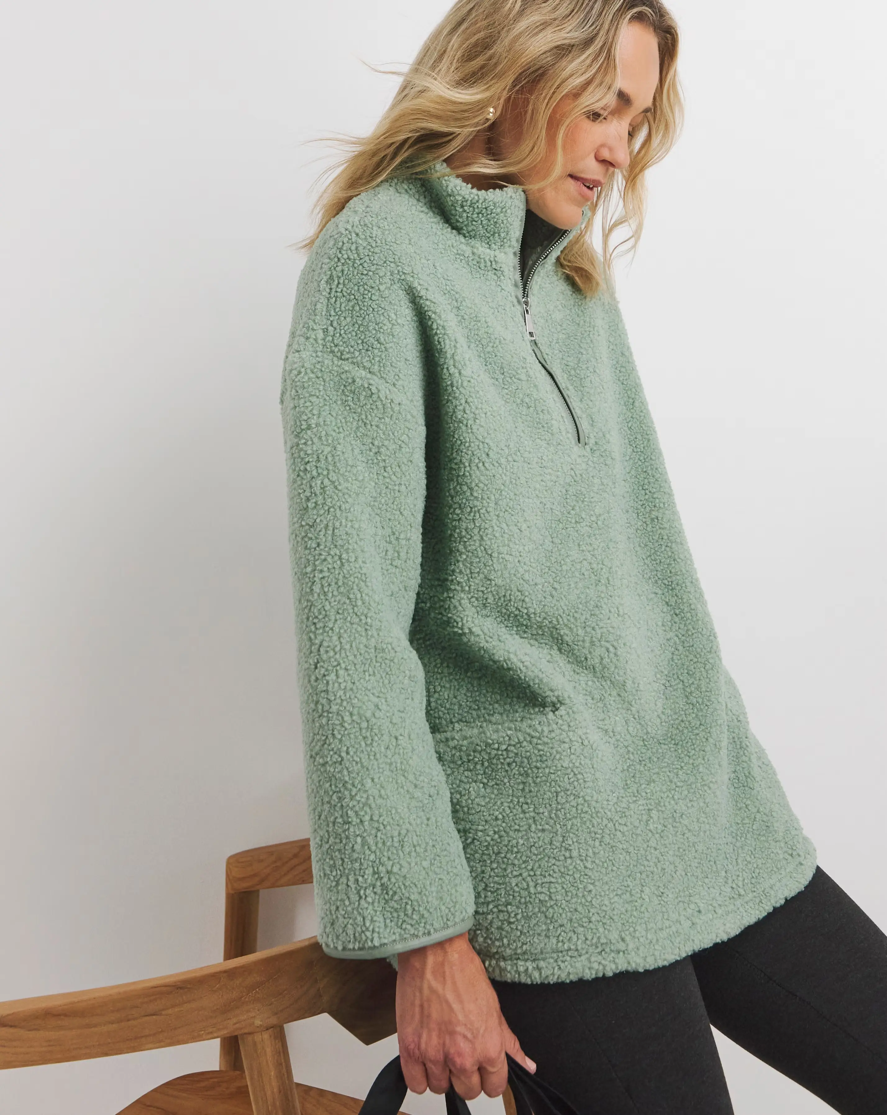 Sage Green Borg Longline Quarter Zip Jacket 3 Sage Green Borg Longline Quarter Zip Jacket