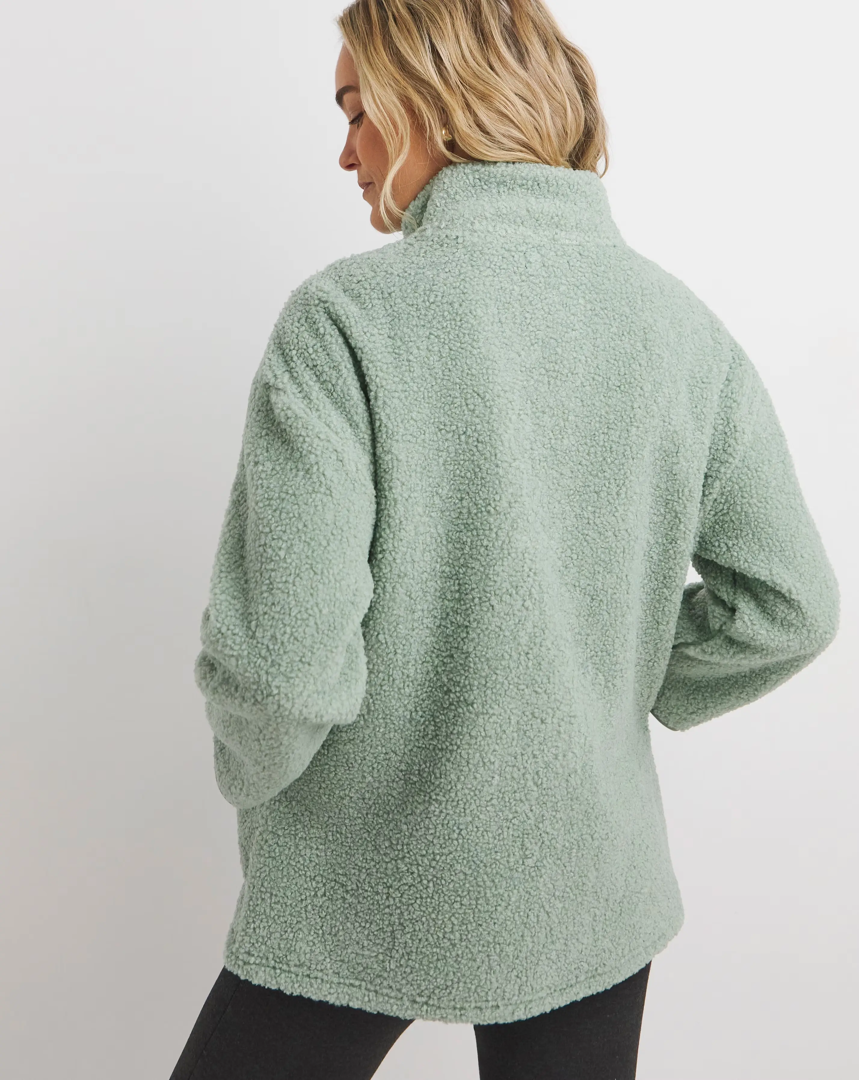 Sage Green Borg Longline Quarter Zip Jacket 4 Sage Green Borg Longline Quarter Zip Jacket