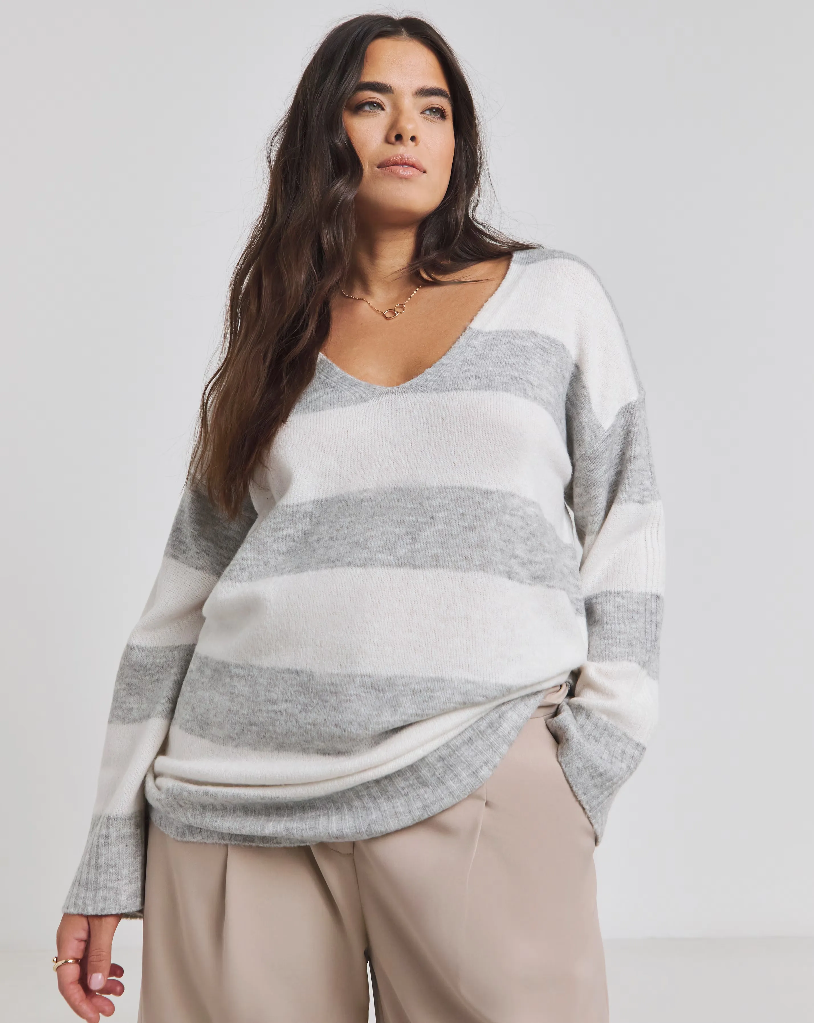 Grey & Ivory Stripe Slouchy V Neck Longline Jumper 1 Grey & Ivory Stripe Slouchy V Neck Longline Jumper