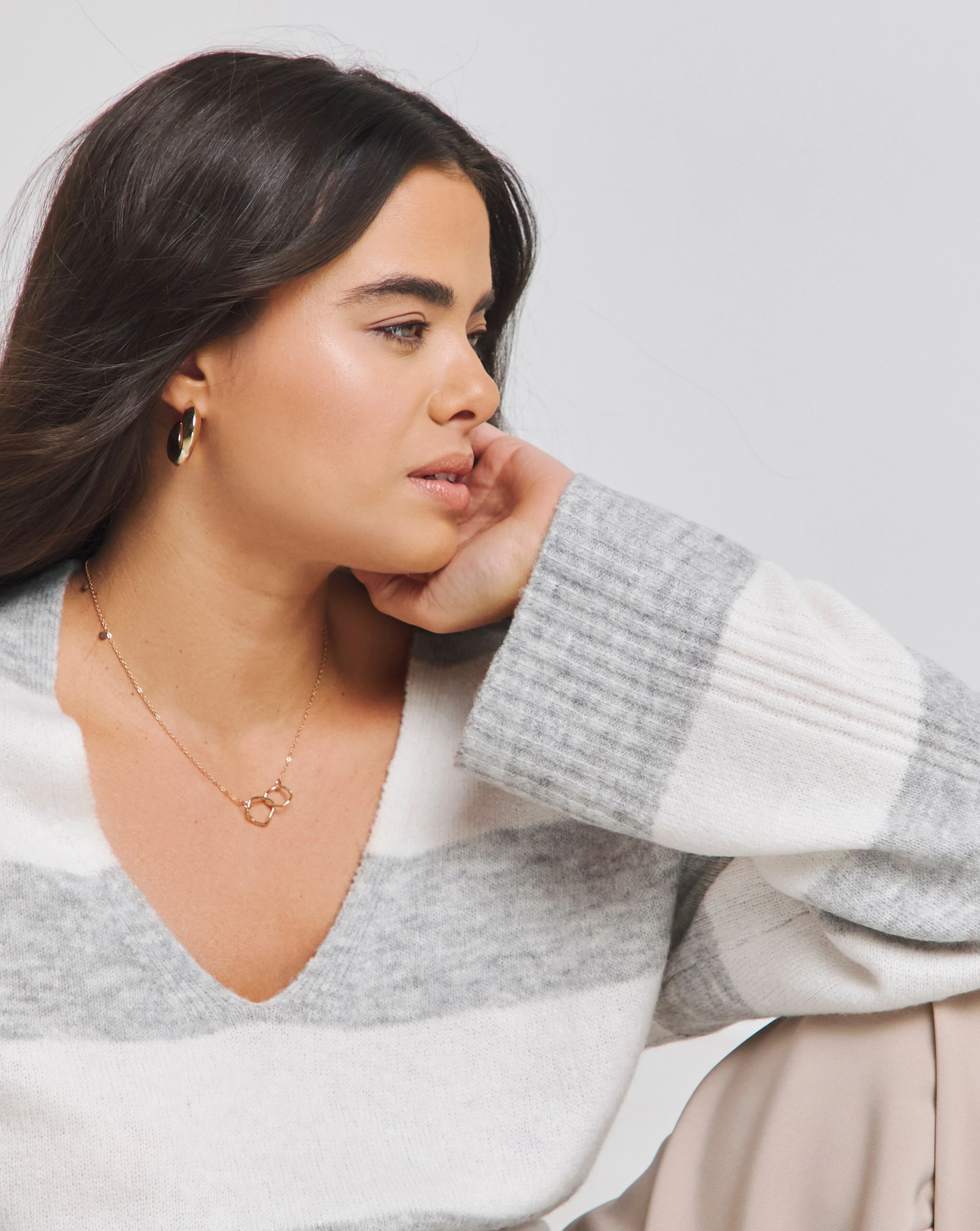 Grey & Ivory Stripe Slouchy V Neck Longline Jumper 2 Grey & Ivory Stripe Slouchy V Neck Longline Jumper