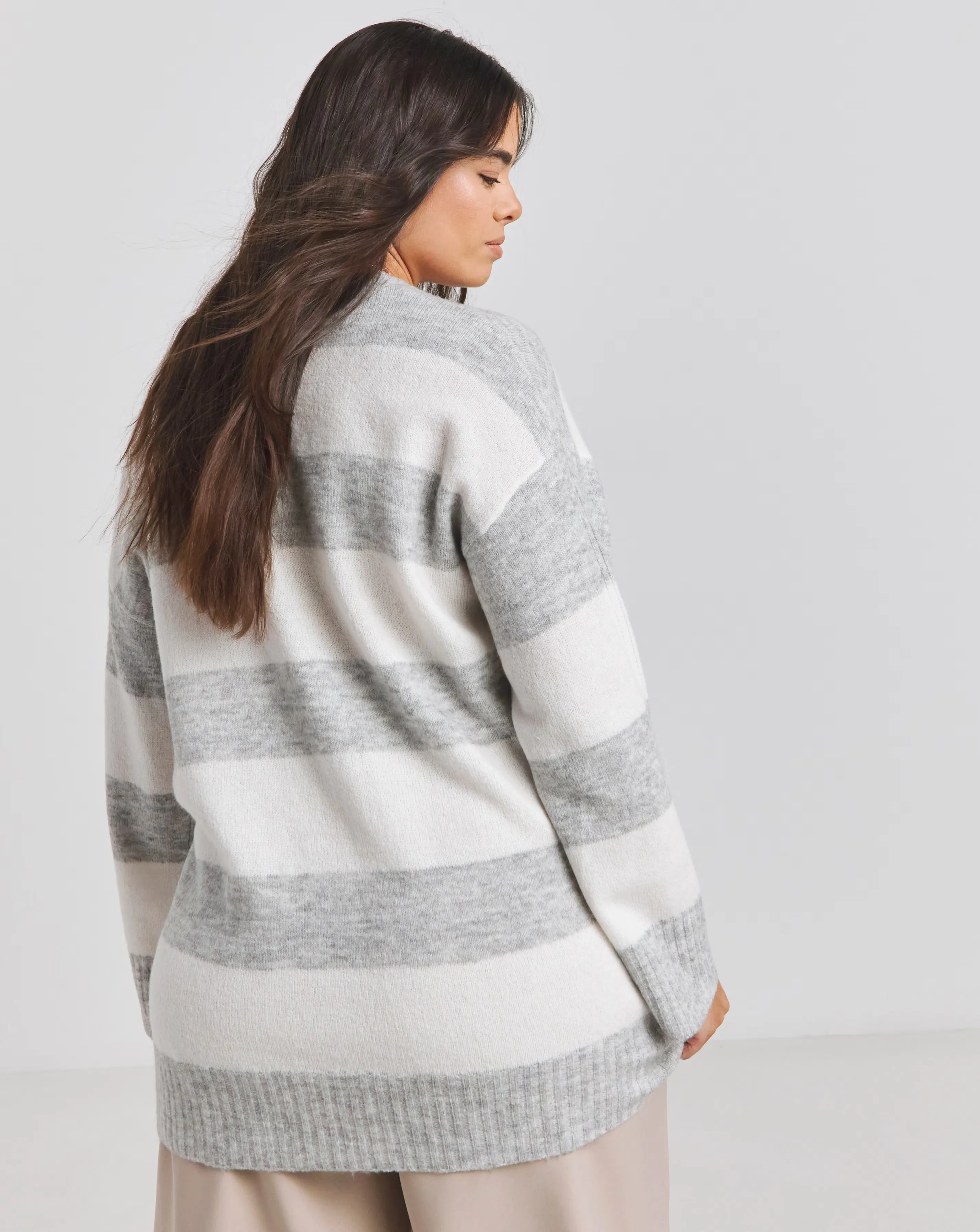 Grey & Ivory Stripe Slouchy V Neck Longline Jumper 4 Grey & Ivory Stripe Slouchy V Neck Longline Jumper