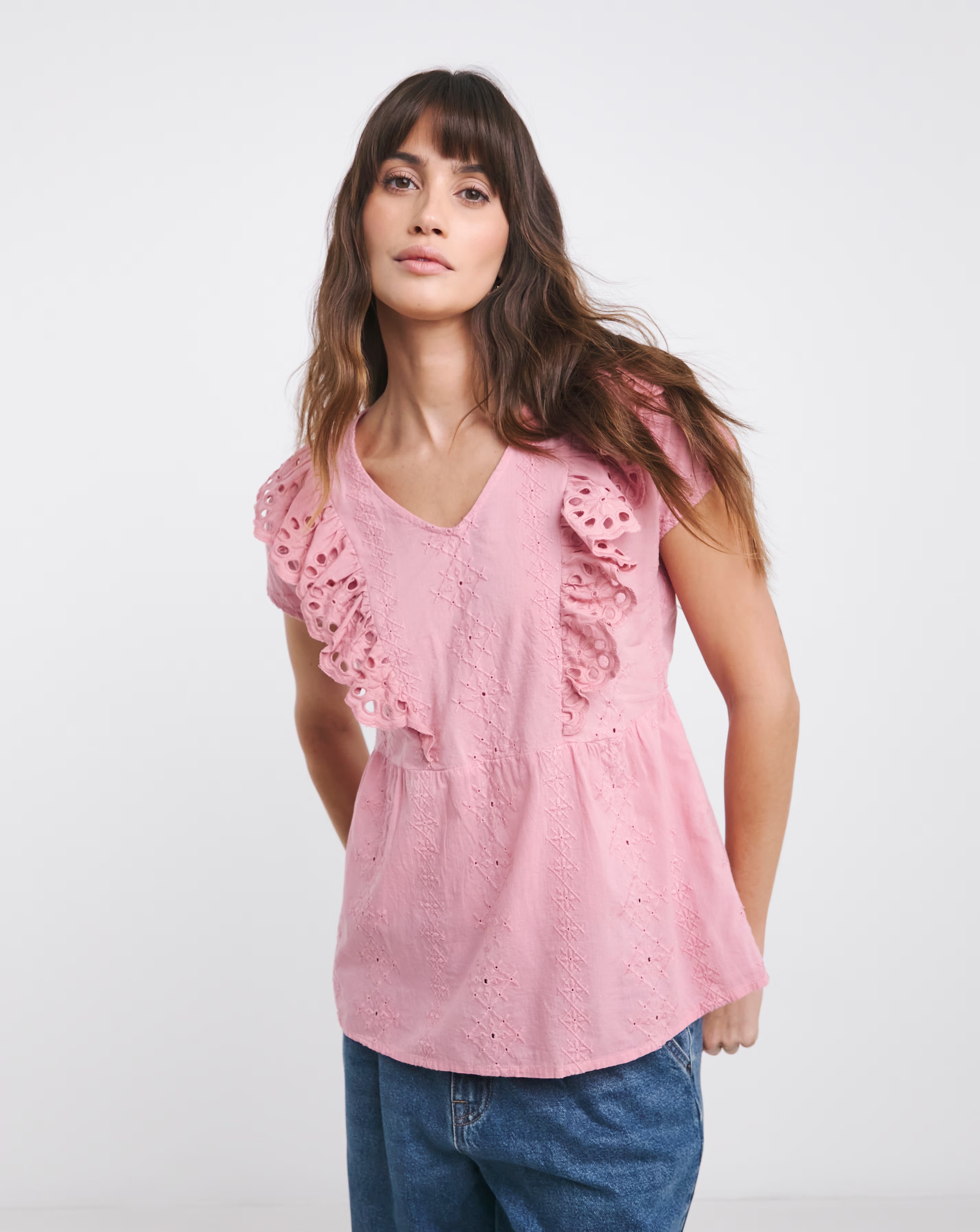 Anise Flora Raspberry Pink V-Neck Embroidered Frill Top 1 Anise Flora Raspberry Pink V-Neck Embroidered Frill Top