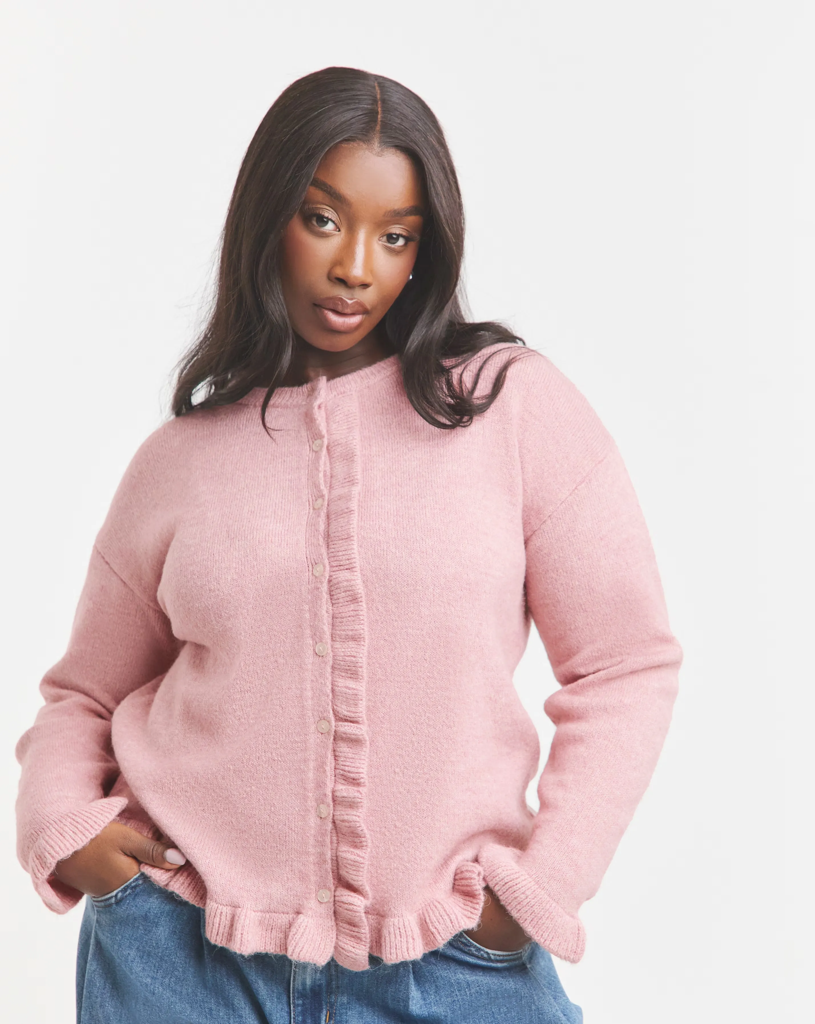 Simply Be Pink Ruffled Frill Knit Cardigan 1 Simply Be Pink Ruffled Frill Knit Cardigan