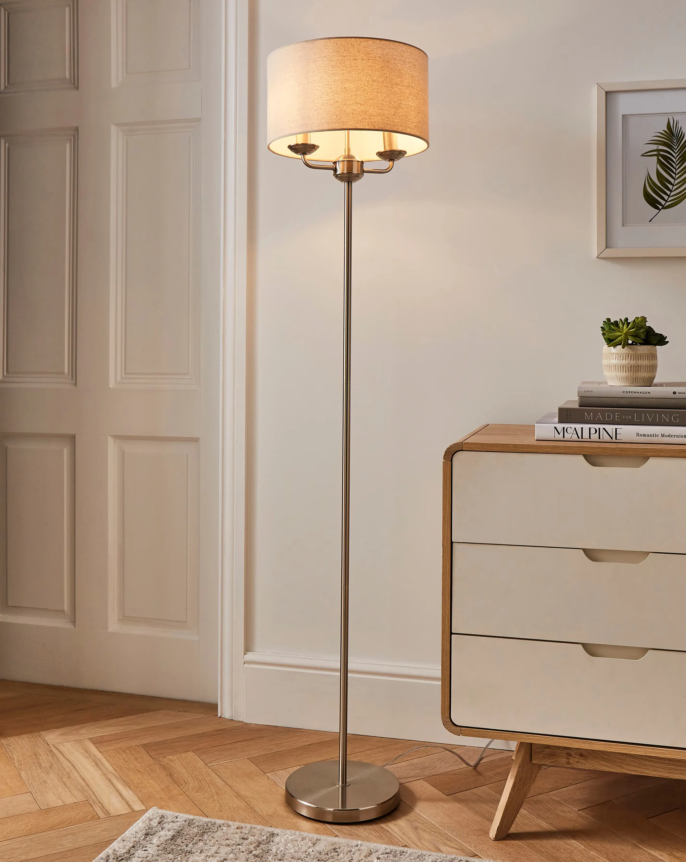 Fulford Brushed Silver & Linen Shade Floor Lamp 1 Fulford Brushed Silver & Linen Shade Floor Lamp
