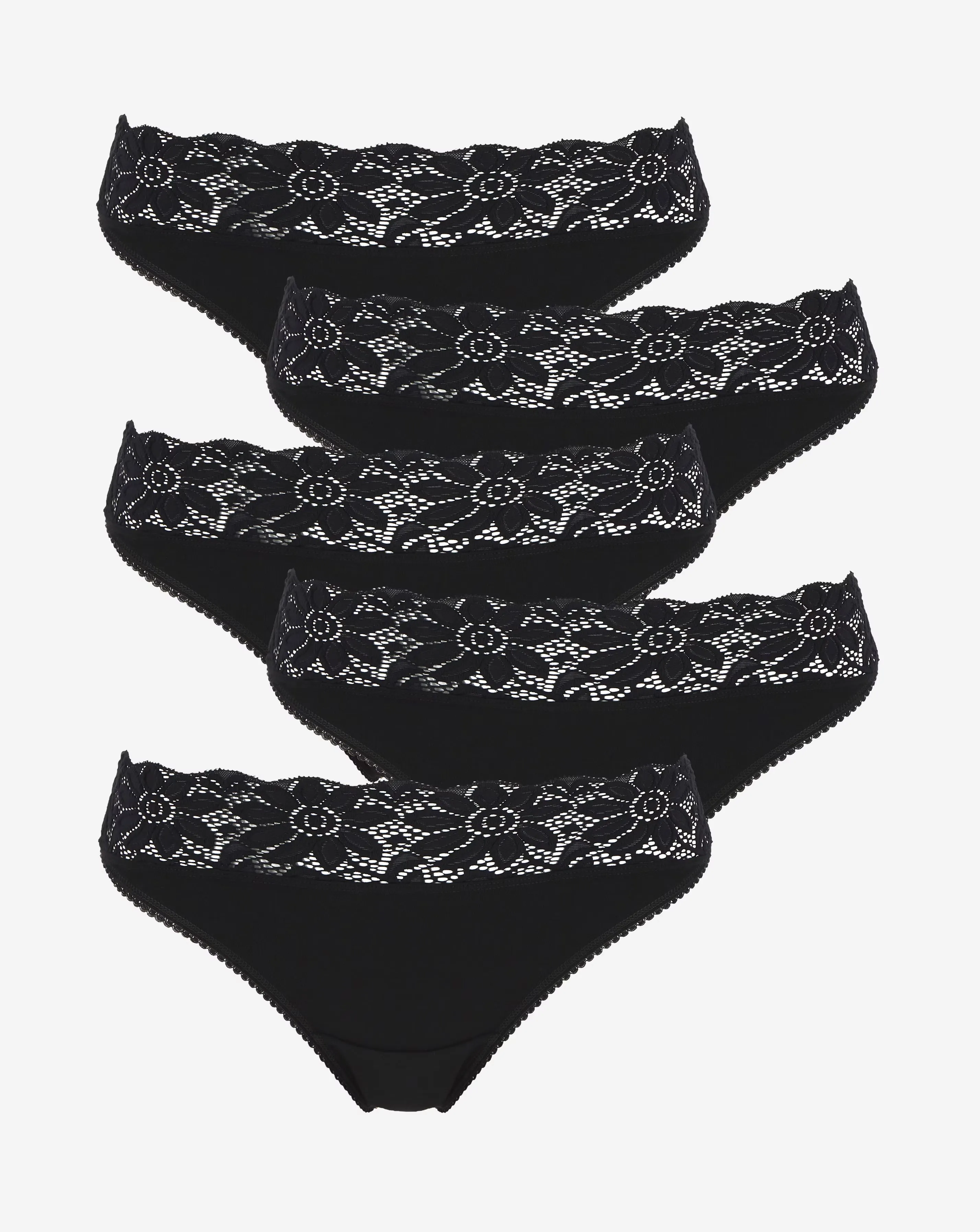 Pretty Secrets (5 Pack) Lace Top No VPL Thong Knickers Black 5 Pretty Secrets (5 Pack) Lace Top No VPL Thong Knickers Black