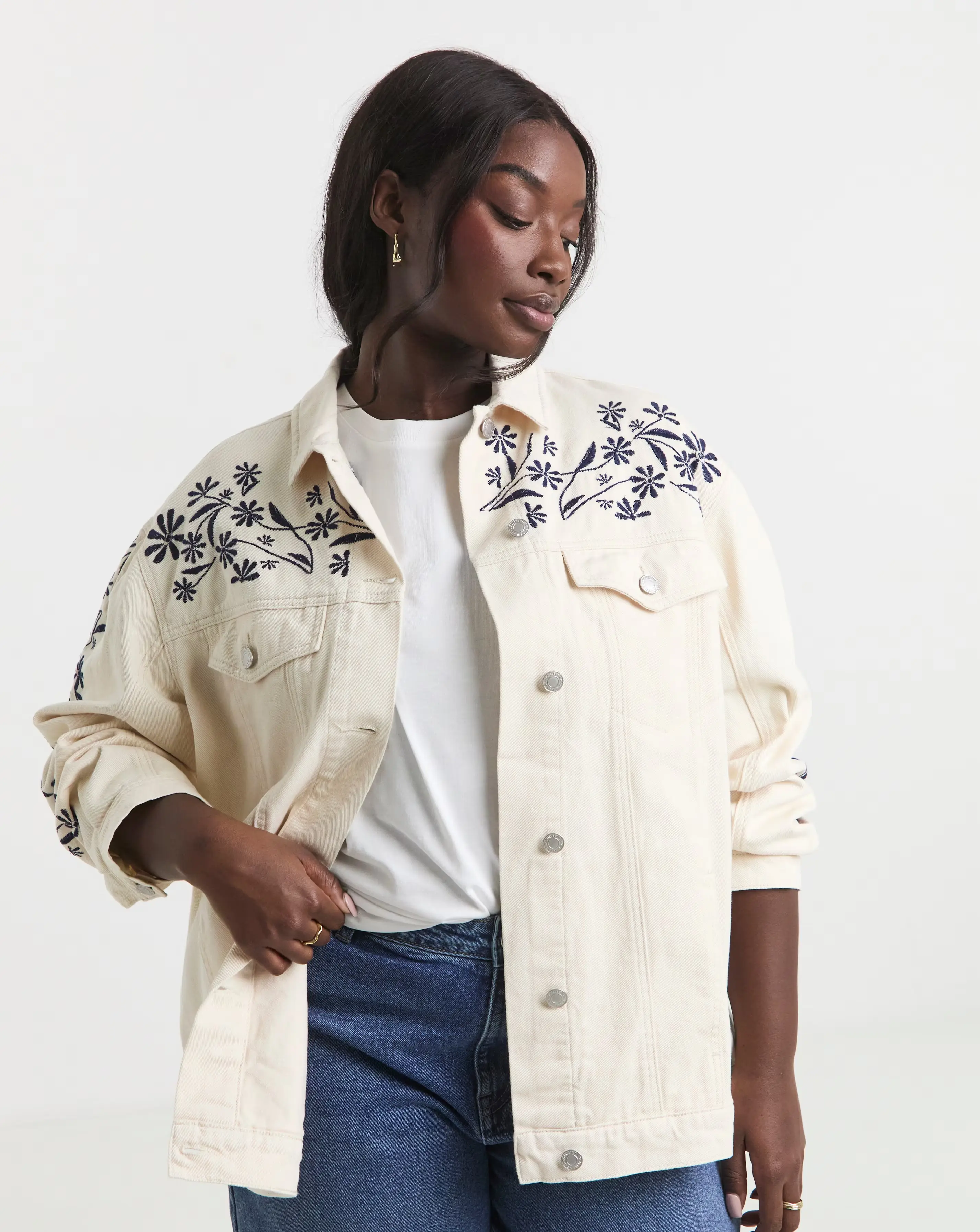 Simply Be Ecru Floral Embroidered Denim Boyfriend Jacket