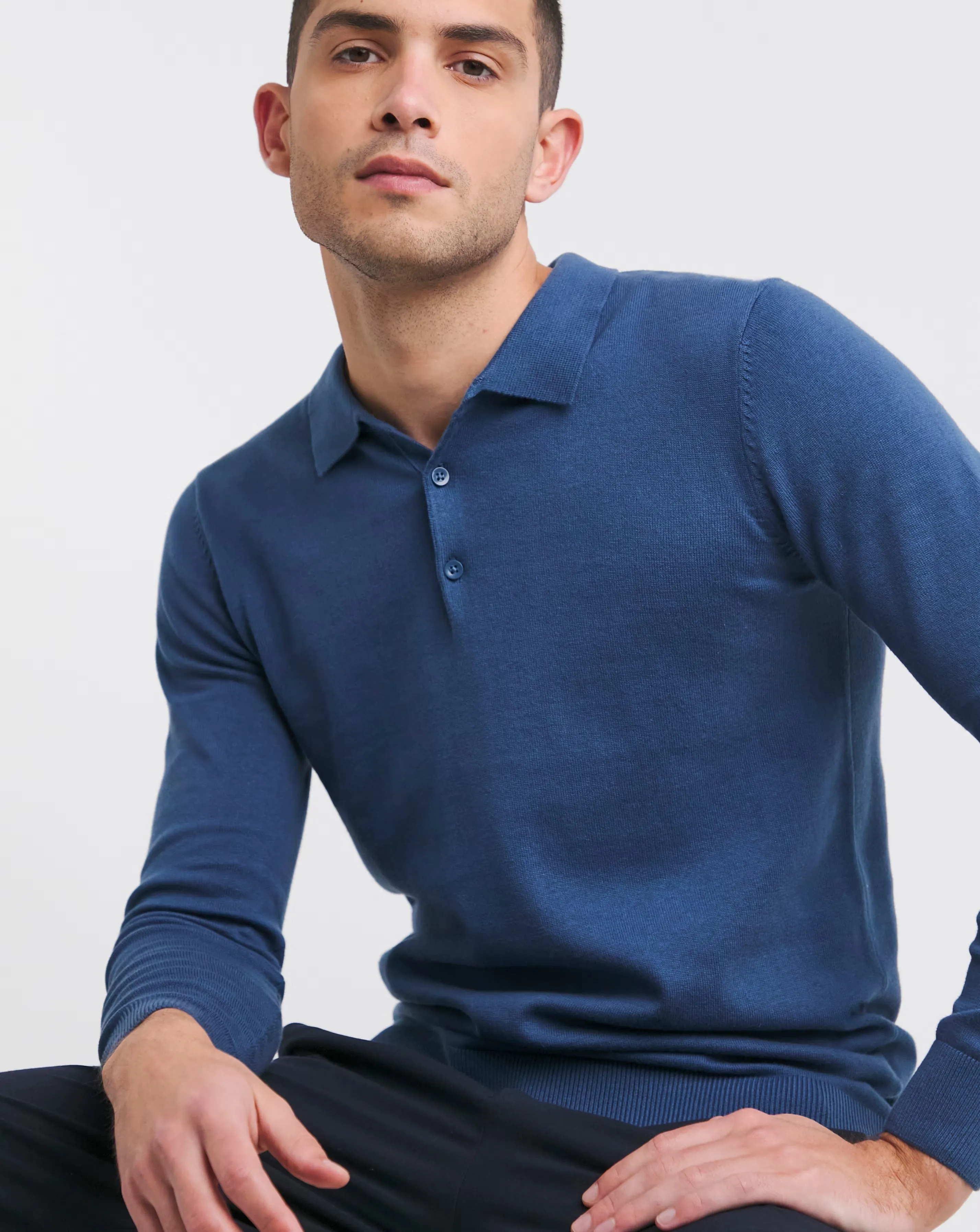 Blue Long Sleeve Knitted Polo
