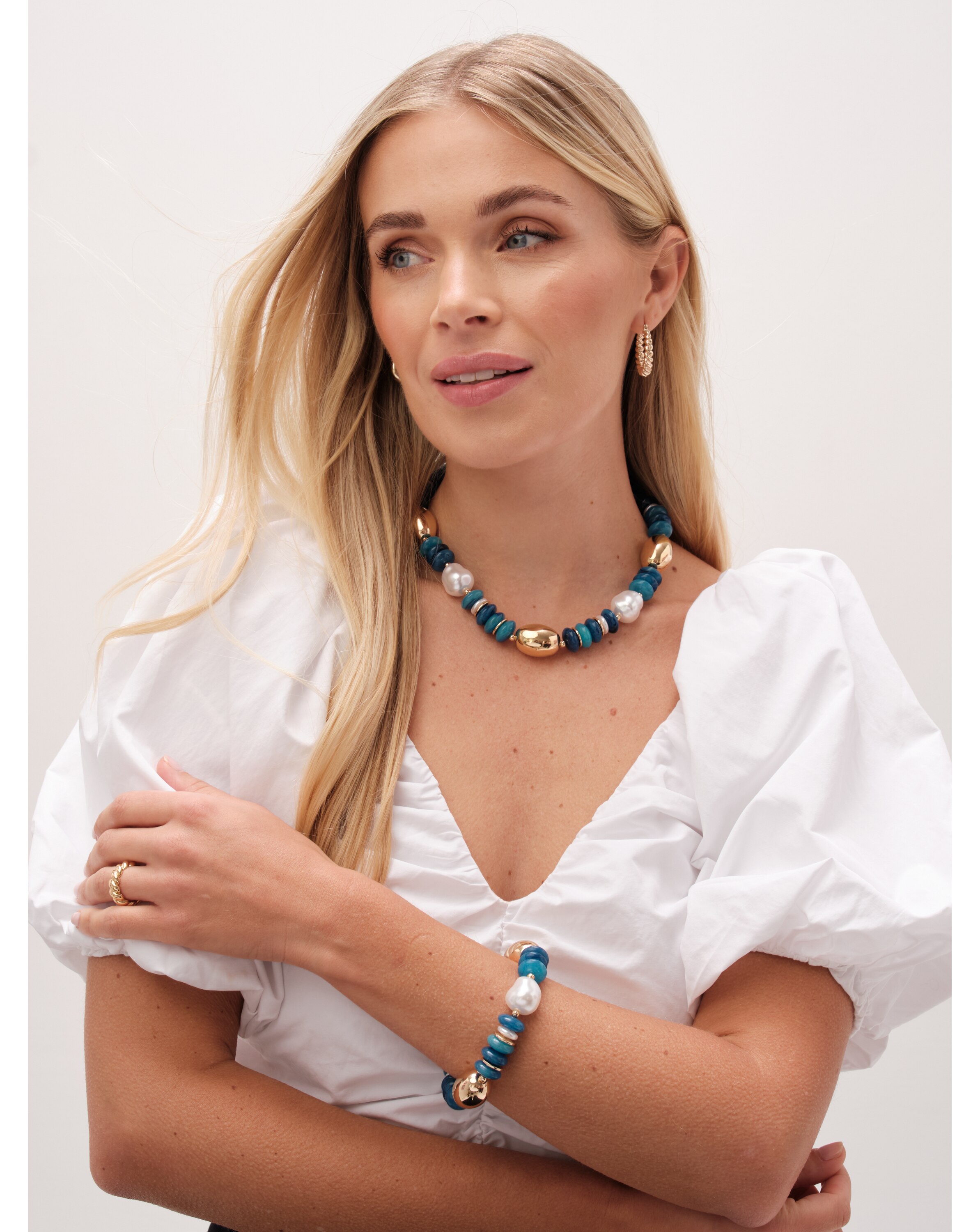 Mood Gold Blue Bead Statement Necklace 3 Mood Gold Blue Bead Statement Necklace